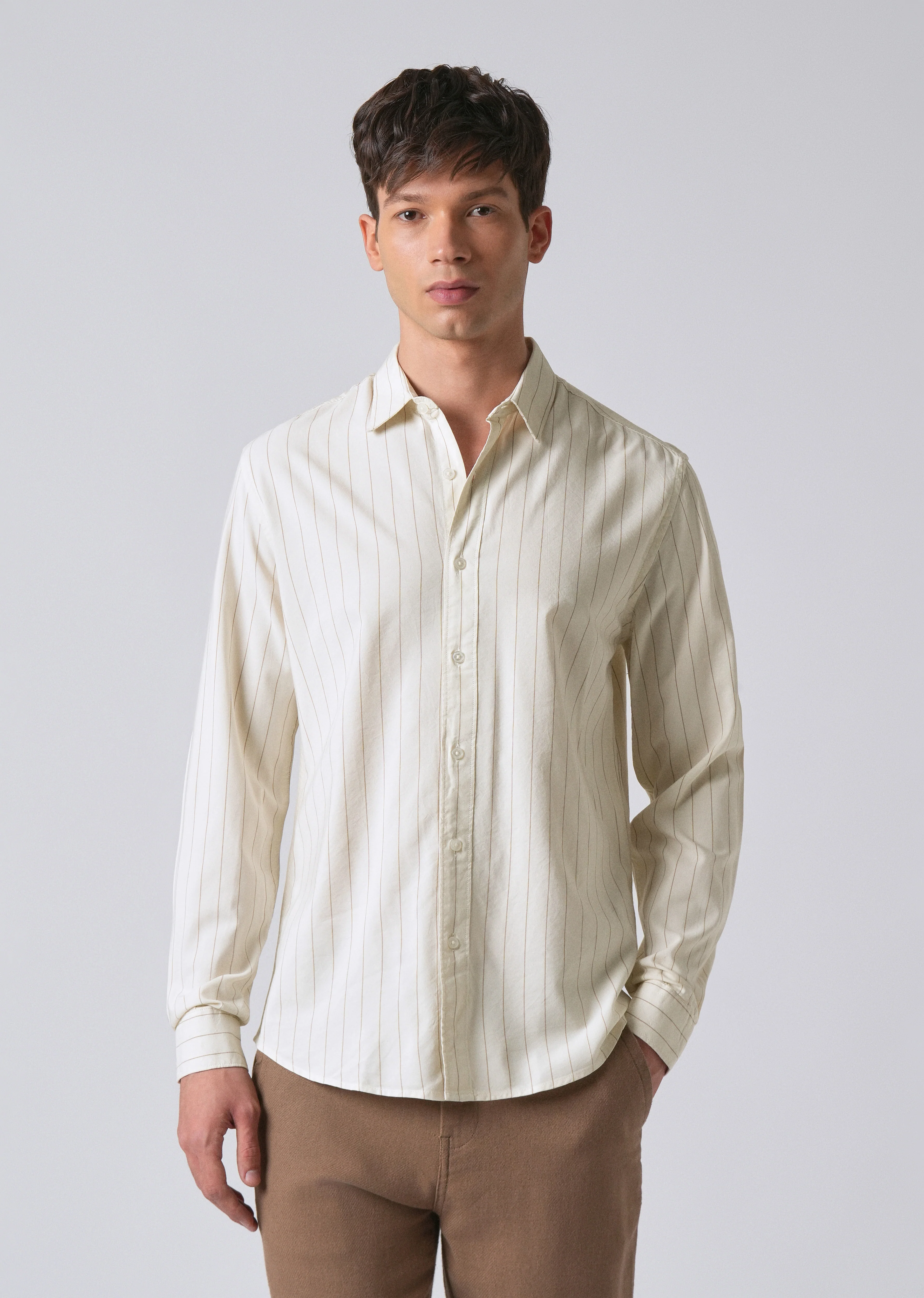 Light Cream Collar Embroidery Stripe Shirt - Image 3