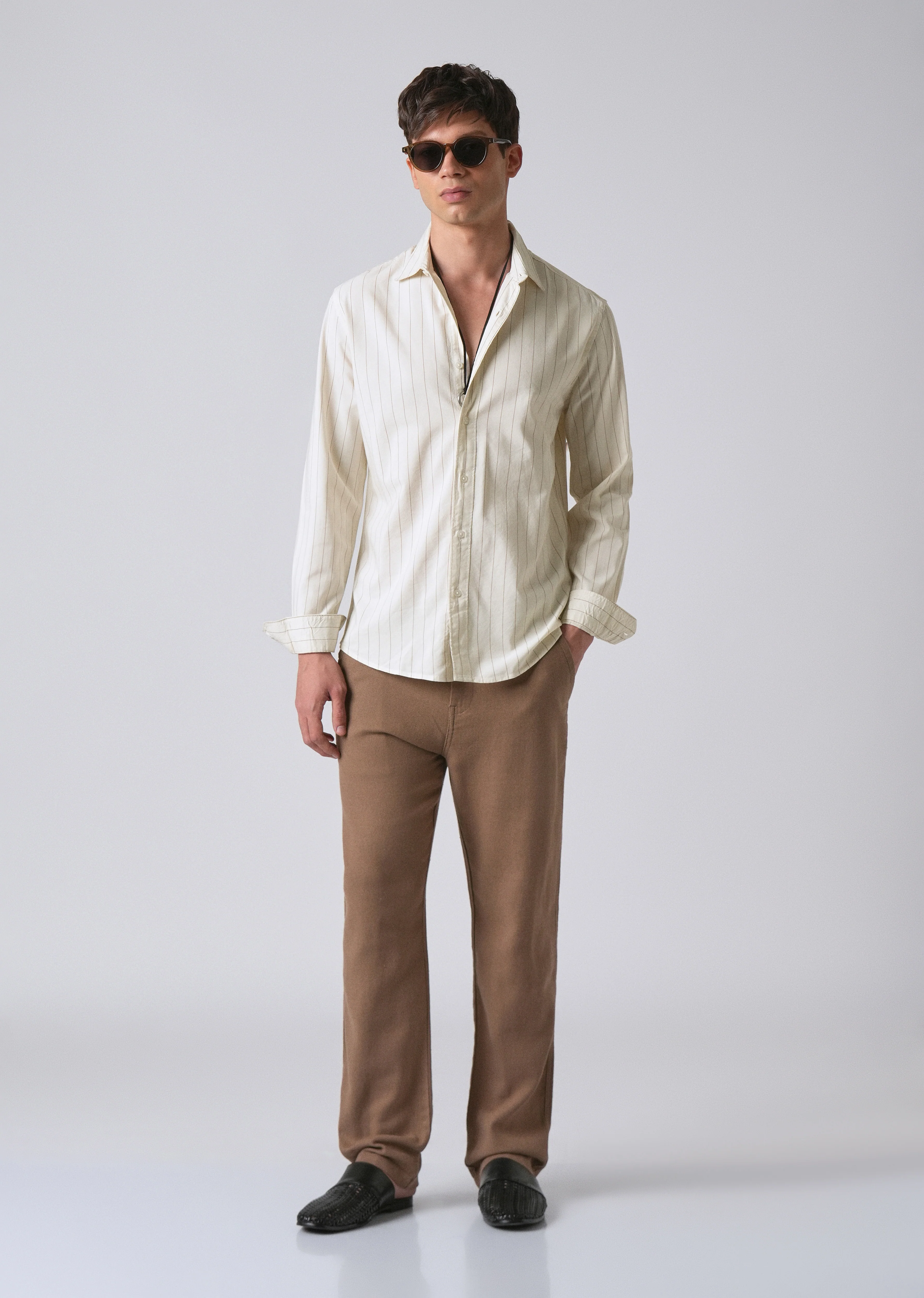 Light Cream Collar Embroidery Stripe Shirt - Image 6