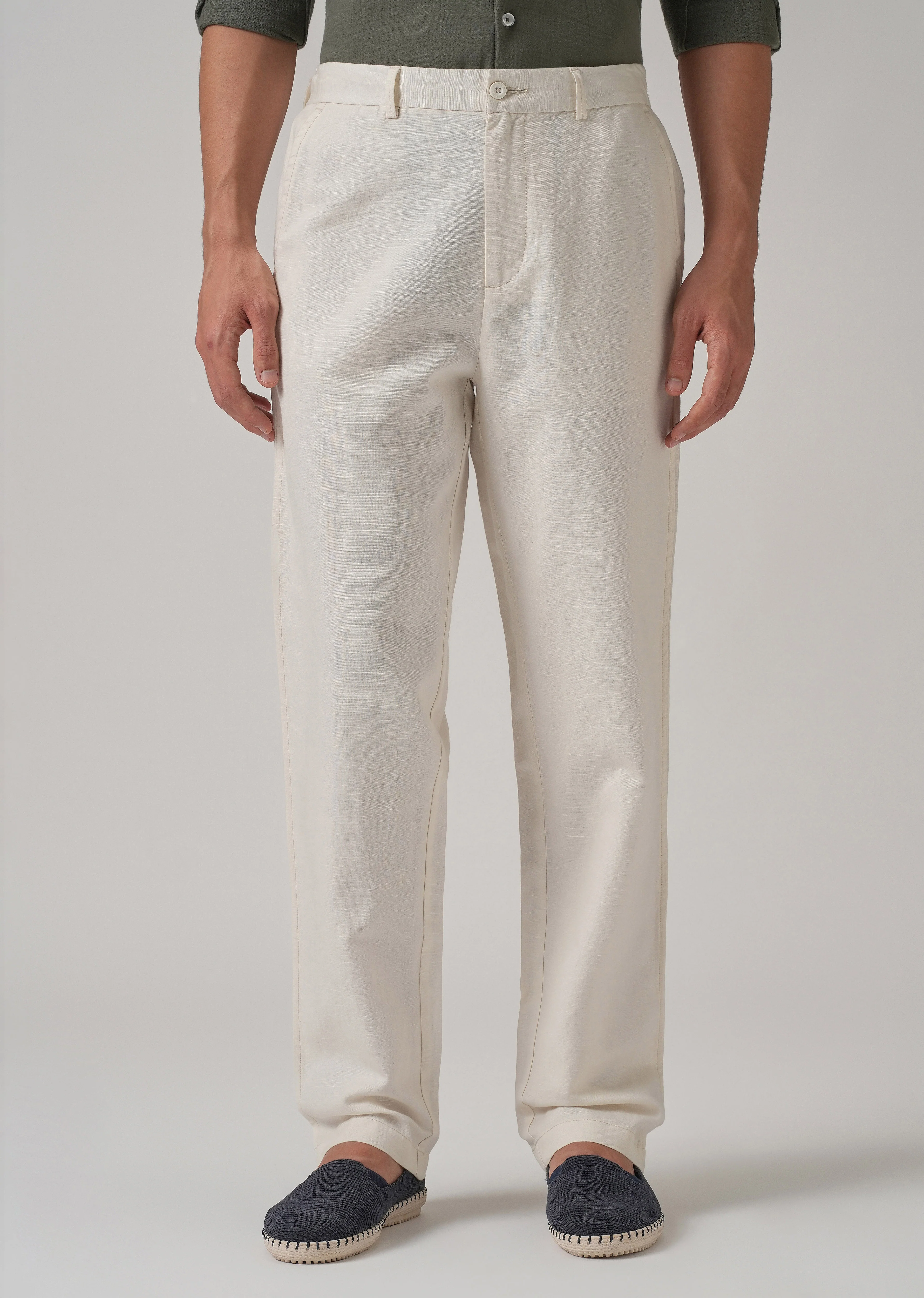 Light Cream Linen Relaxed Fit Trouser - Image 3
