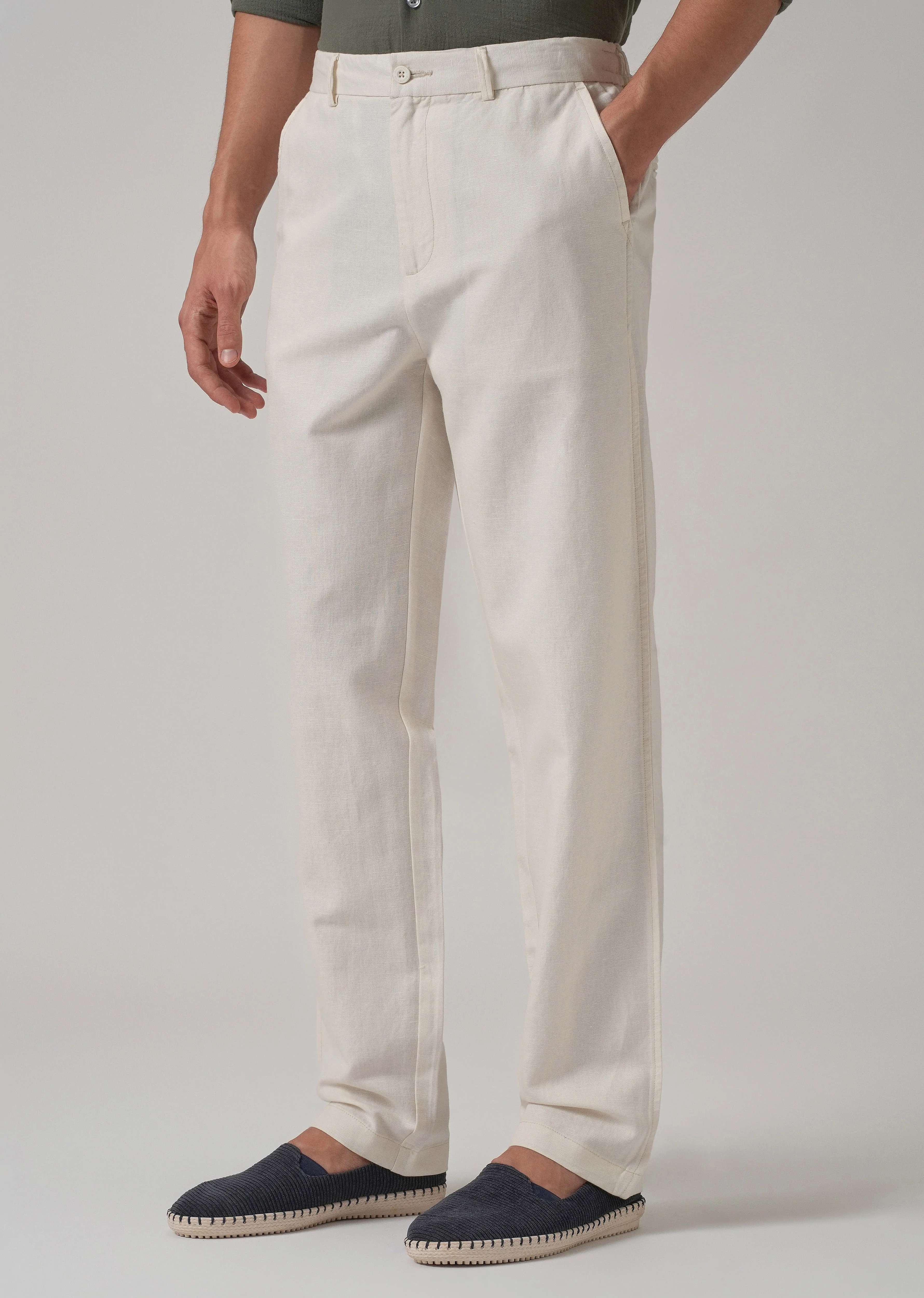 Light Cream Linen Relaxed Fit Trouser - Image 4