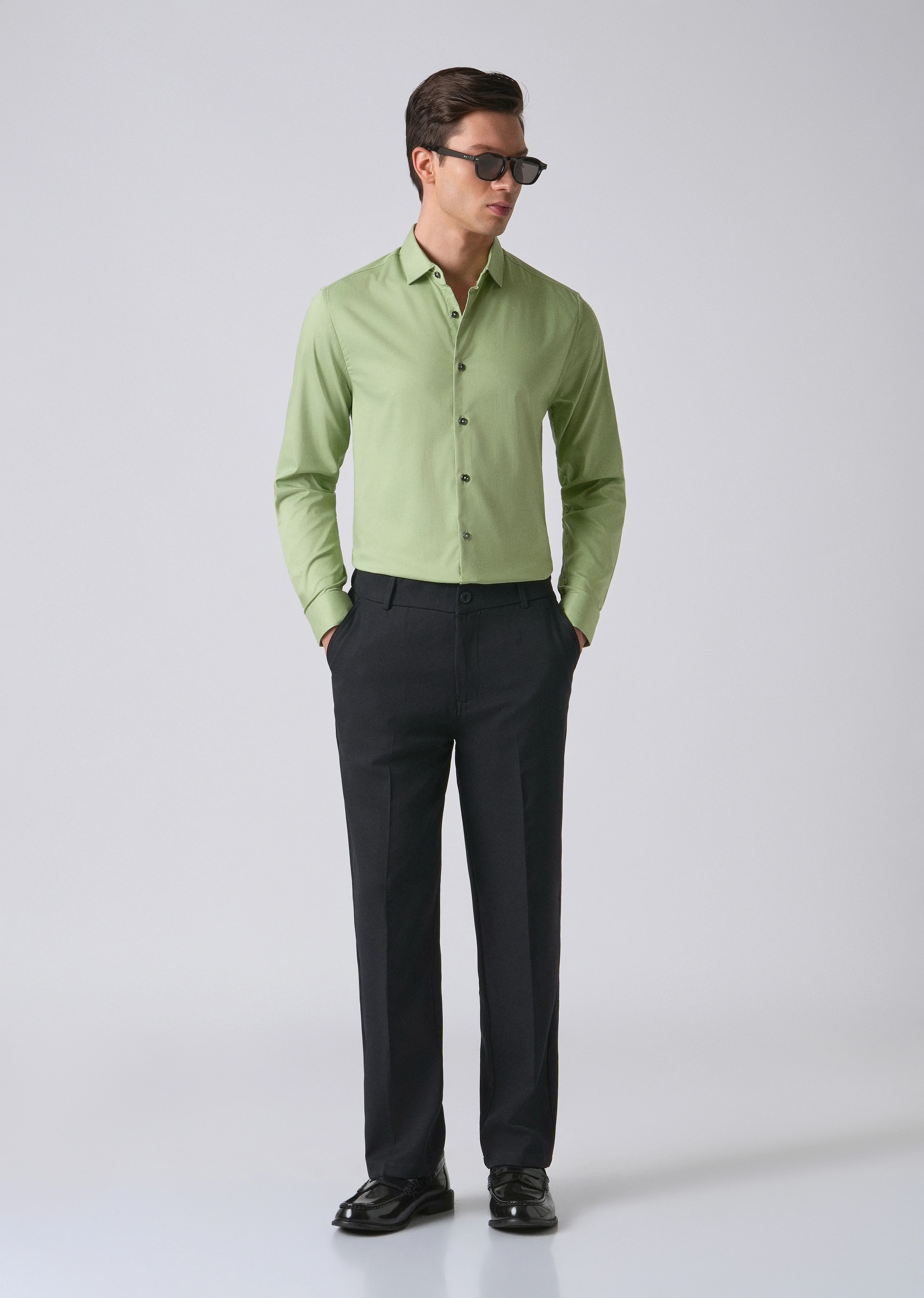 Light Green Cotton Stretch Plain Shirt - Image 6