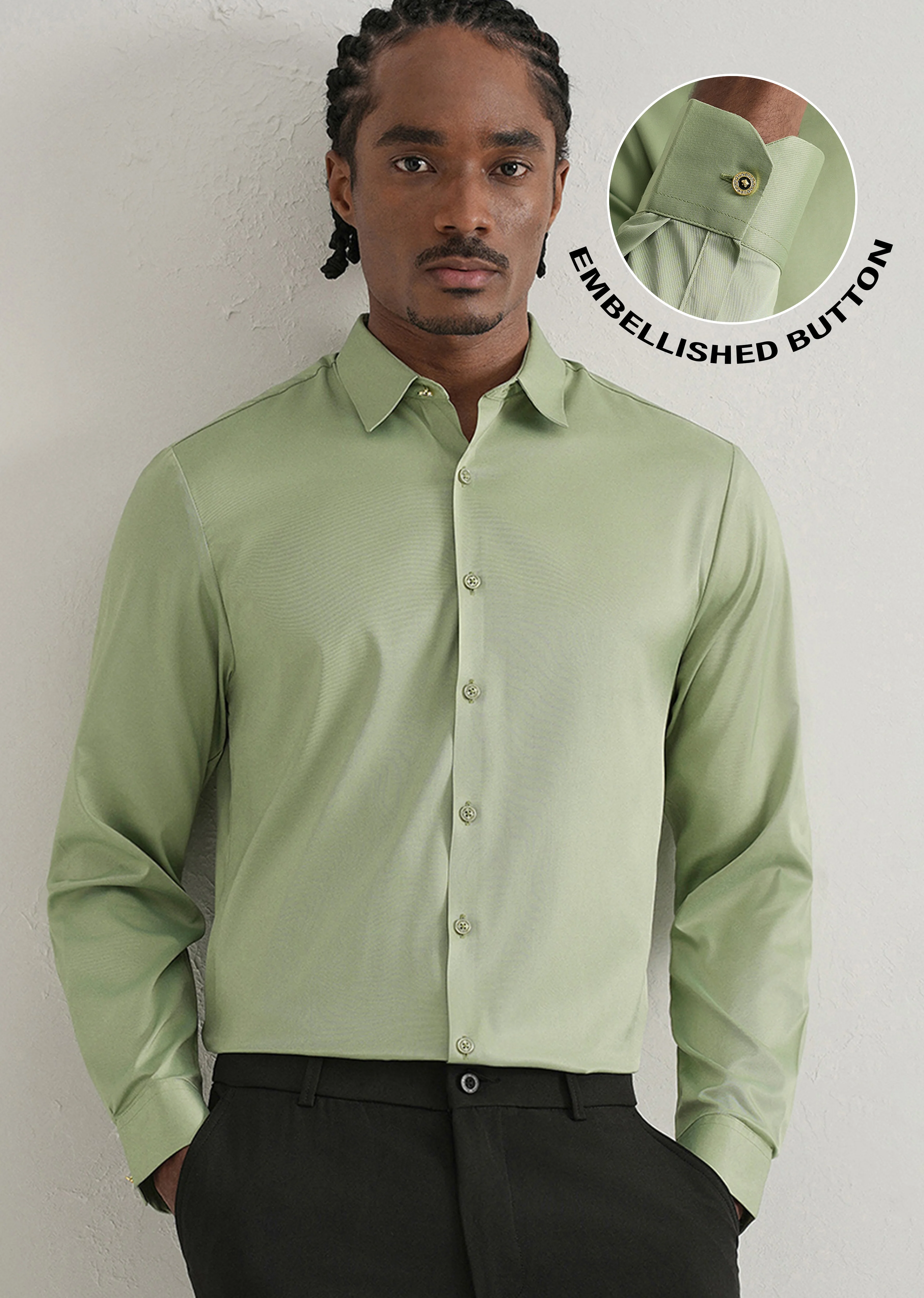 Light Green Plain Stitchless Placket Shirt - Image 7