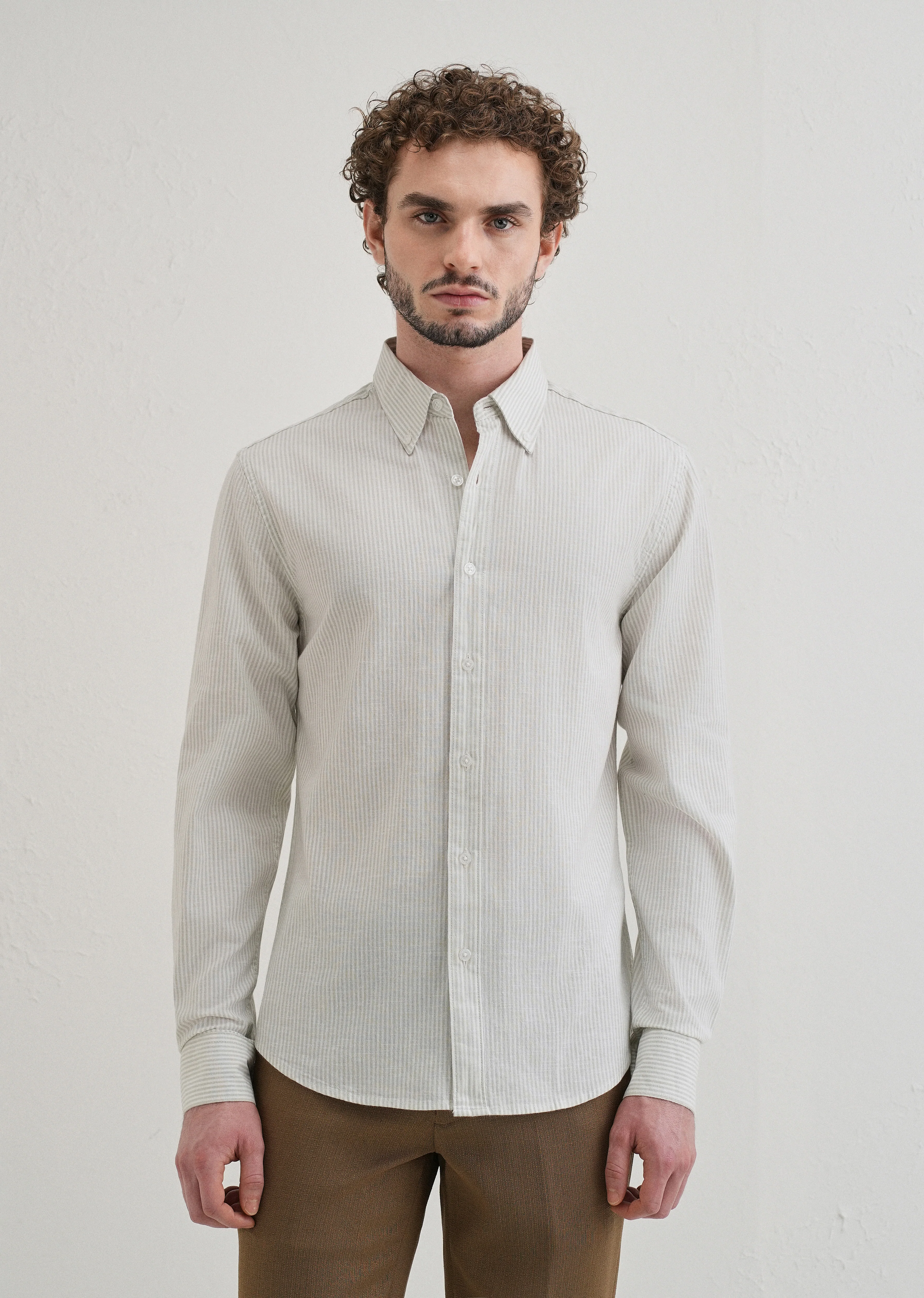 Light Green Striped Cotton Linen Shirt - Image 4