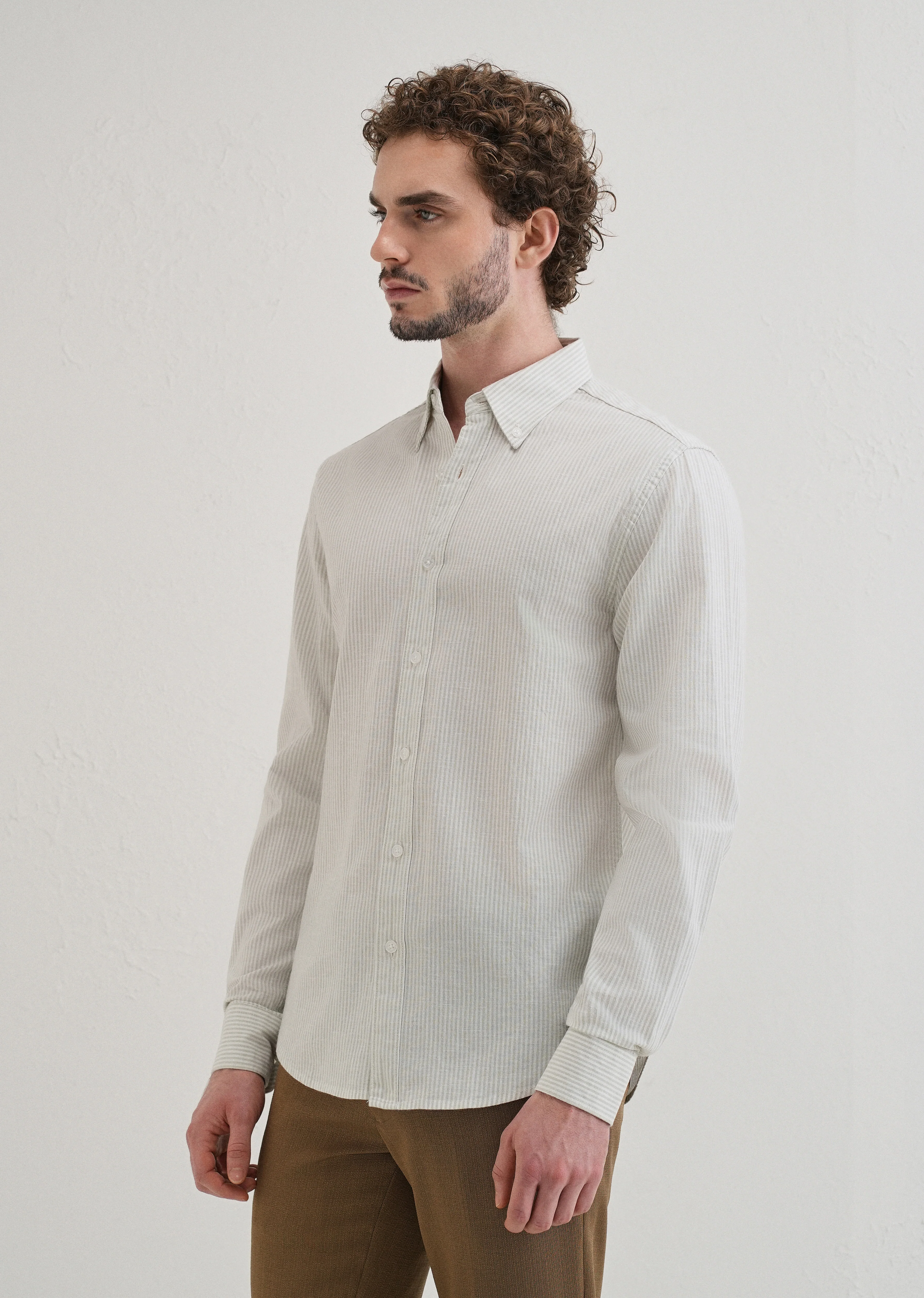 Light Green Striped Cotton Linen Shirt - Image 5