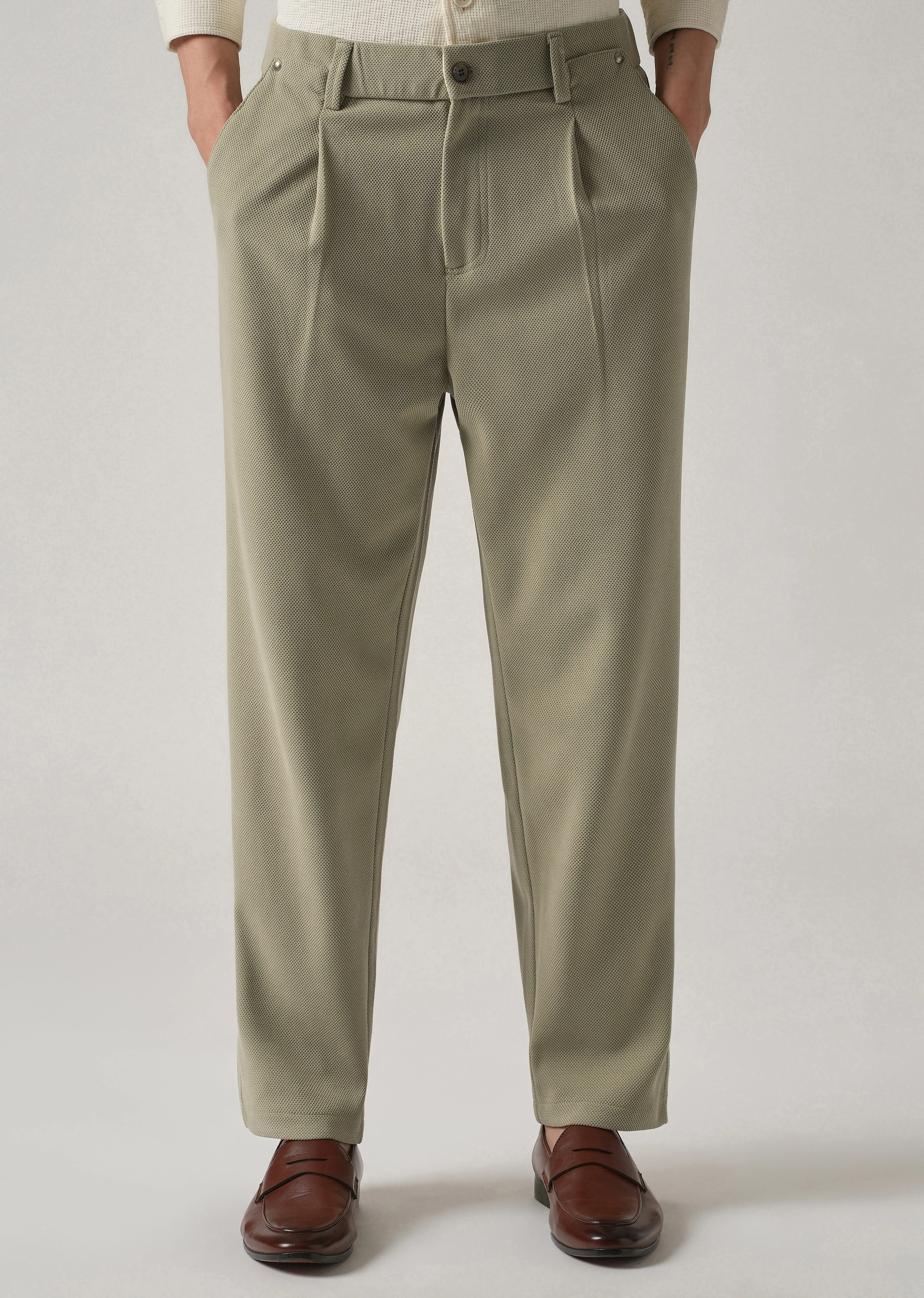 Light Green Textured Pleated Relaxed Fit Pant - Image 7
