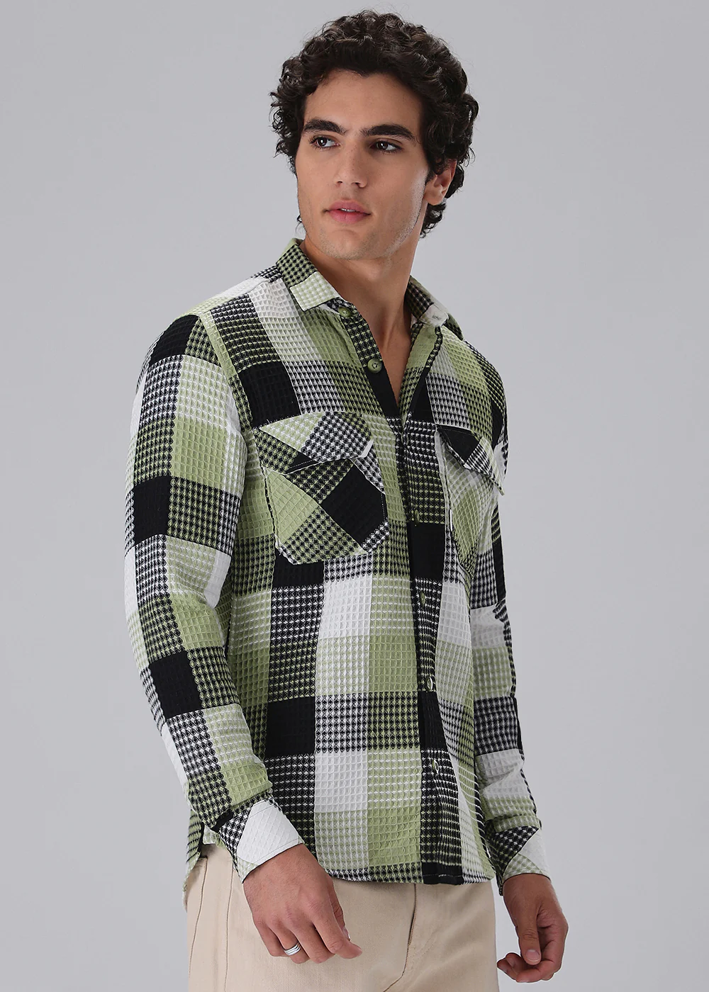 Light Green Waffle Plaid Check Shirt - Image 5