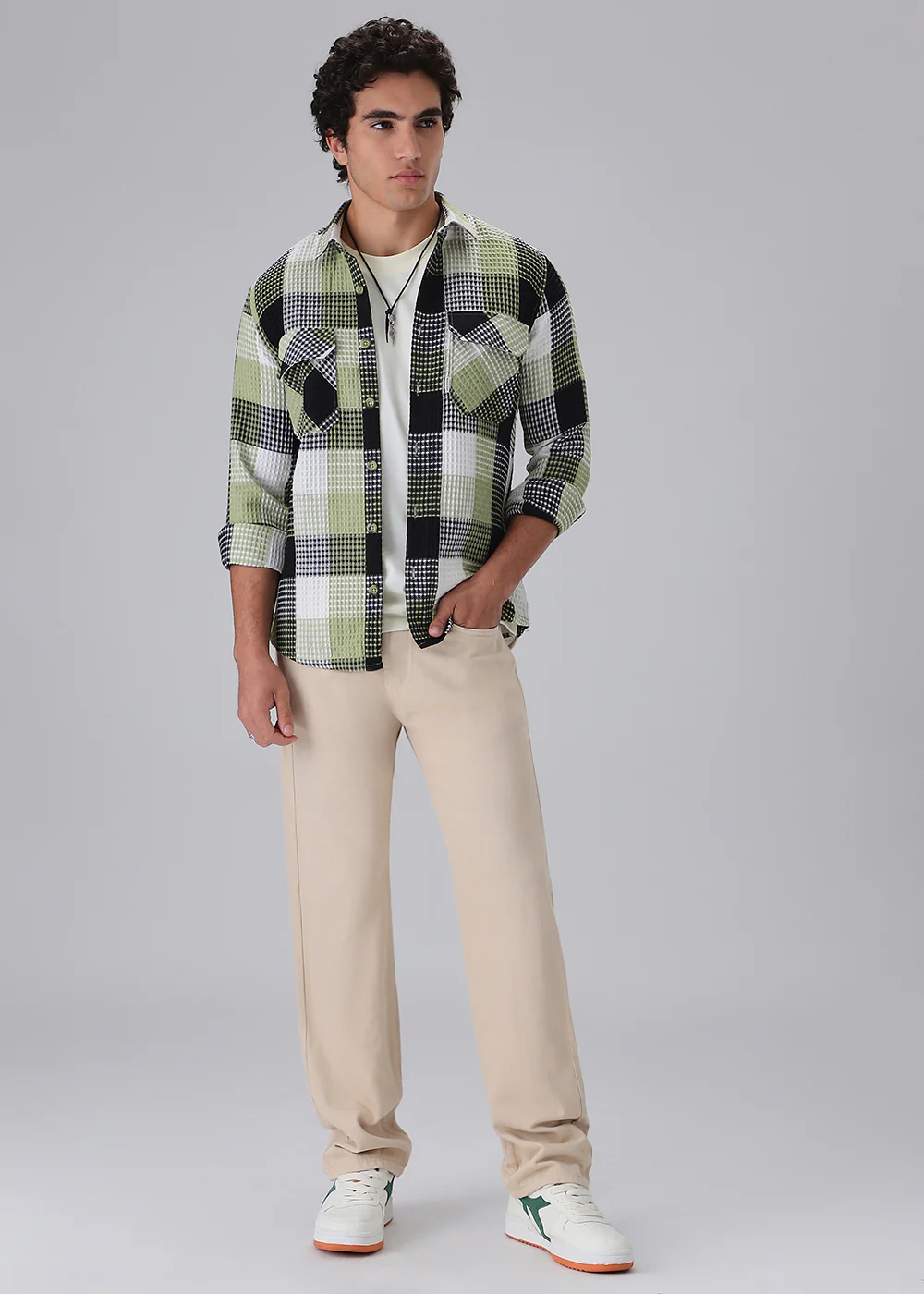 Light Green Waffle Plaid Check Shirt - Image 6
