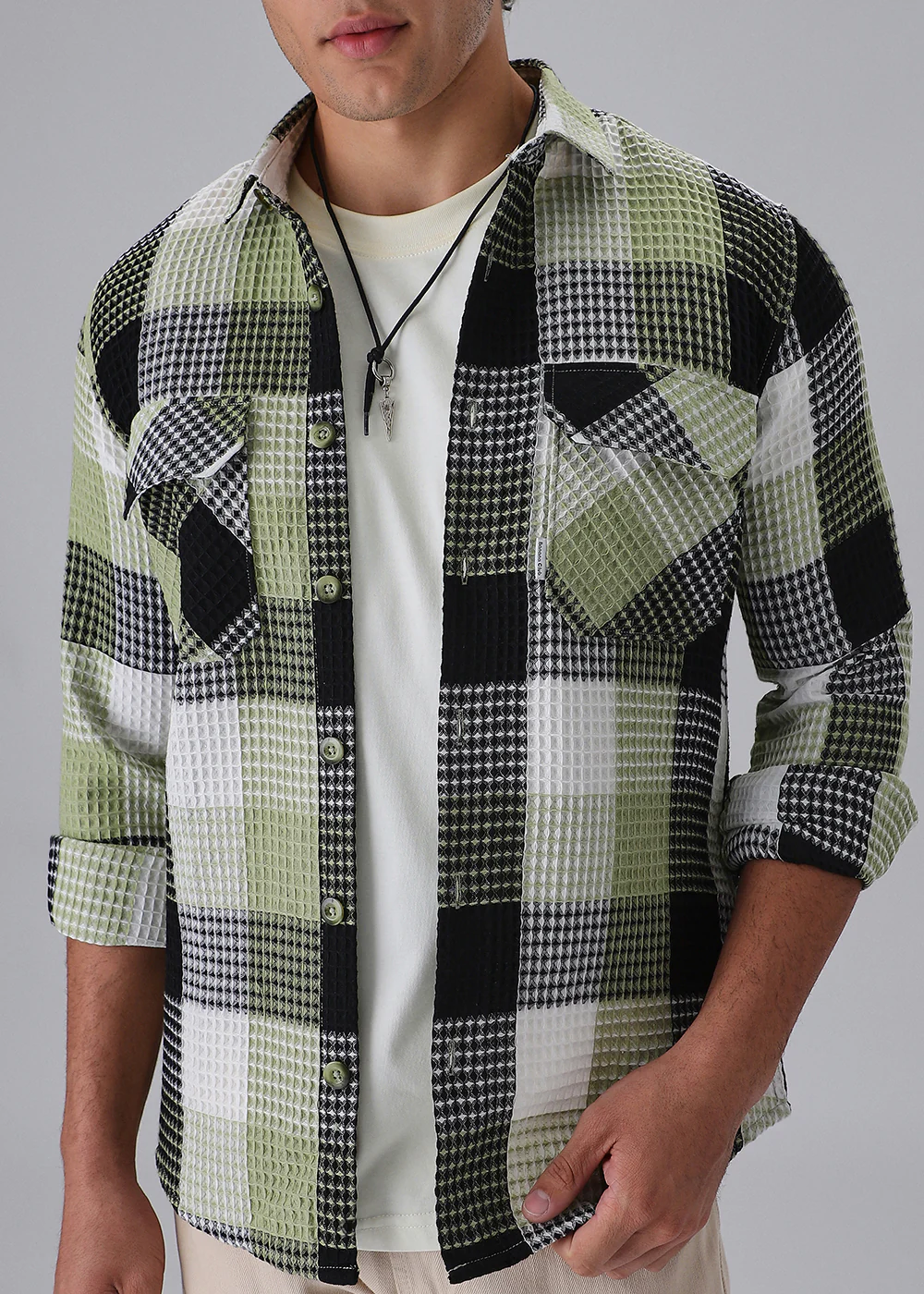 Light Green Waffle Plaid Check Shirt - Image 7