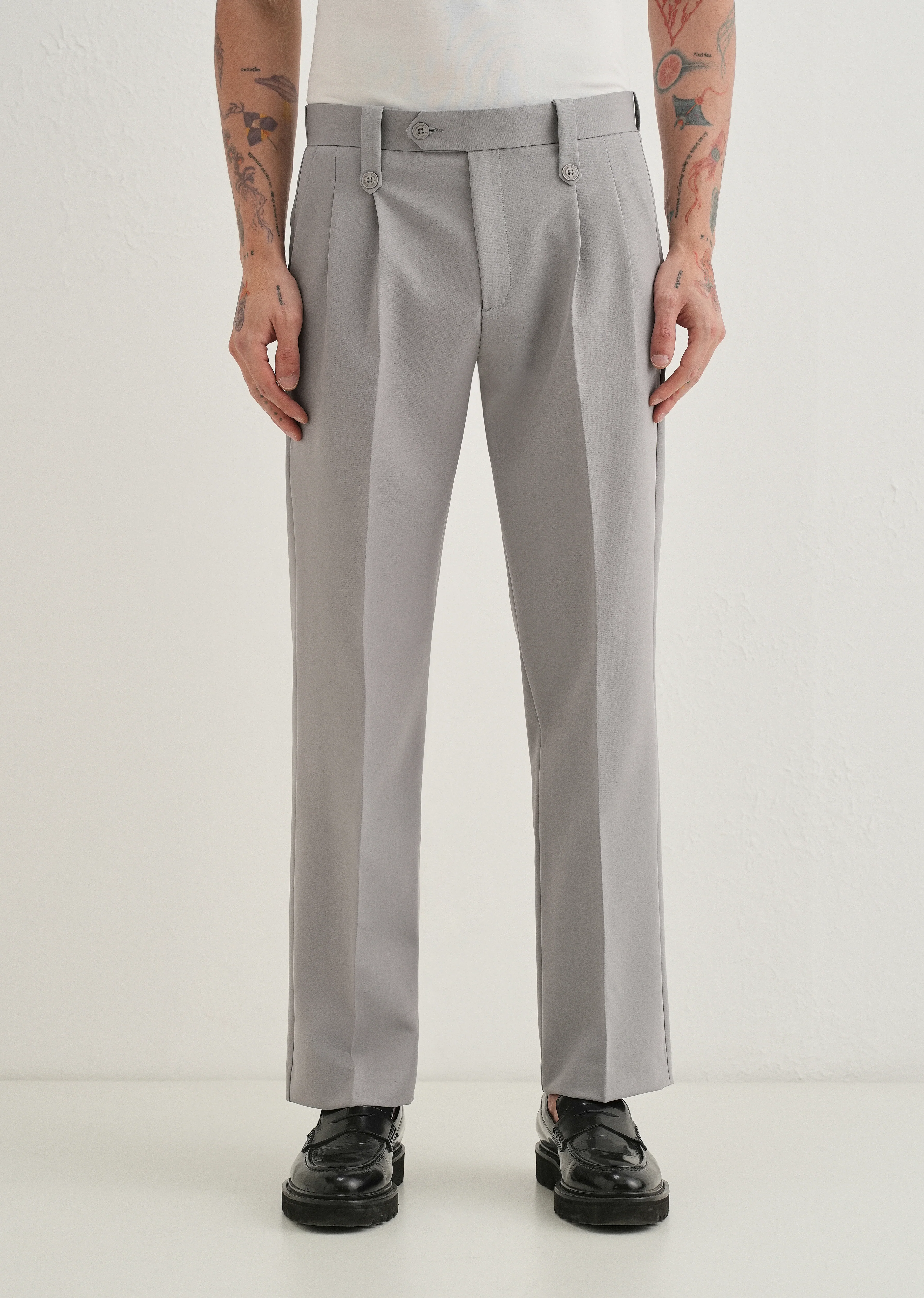Light Grey Button-Tab Pleat Trouser - Image 3