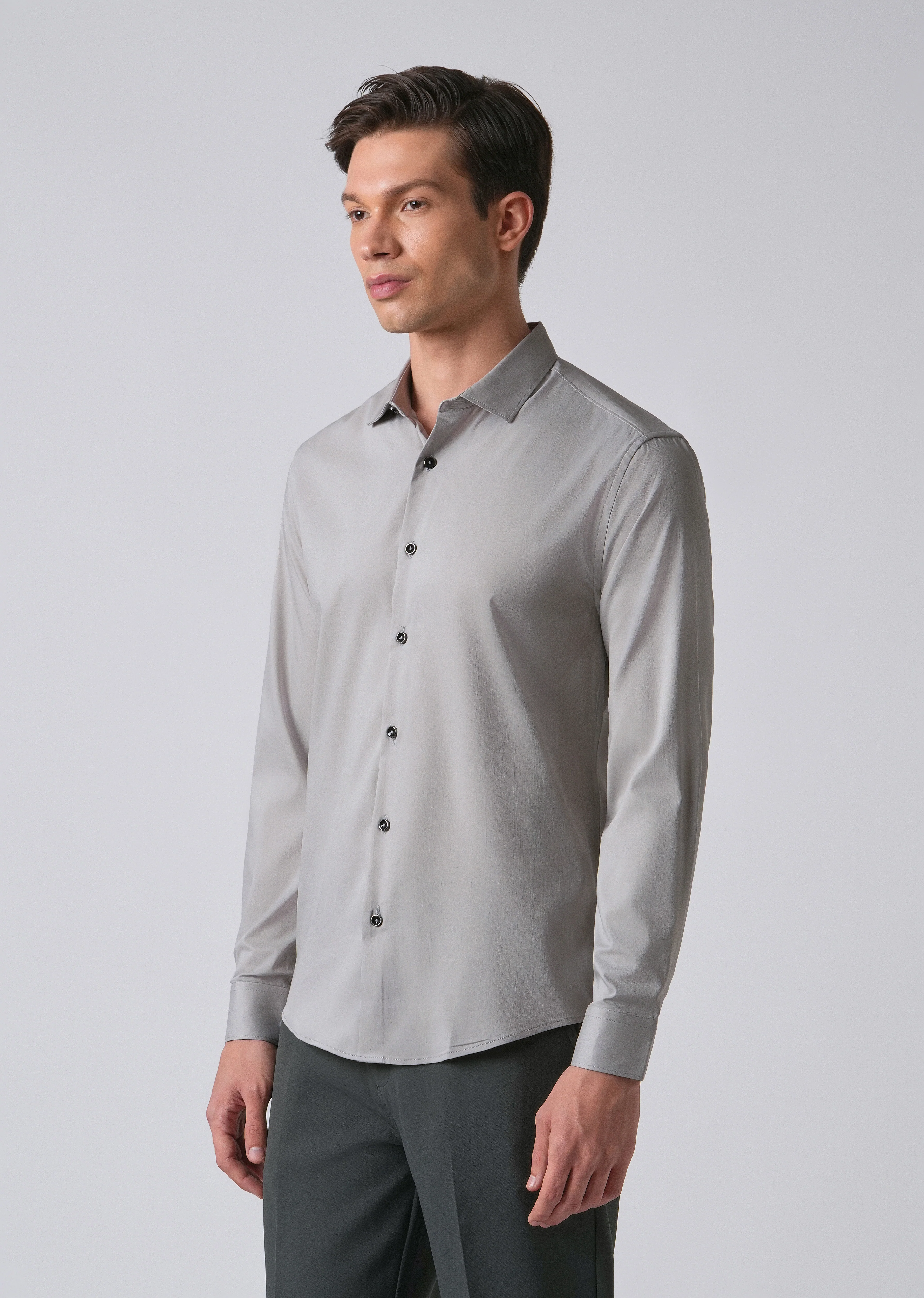 Light Grey Cotton Stretch Plain Shirt - Image 4