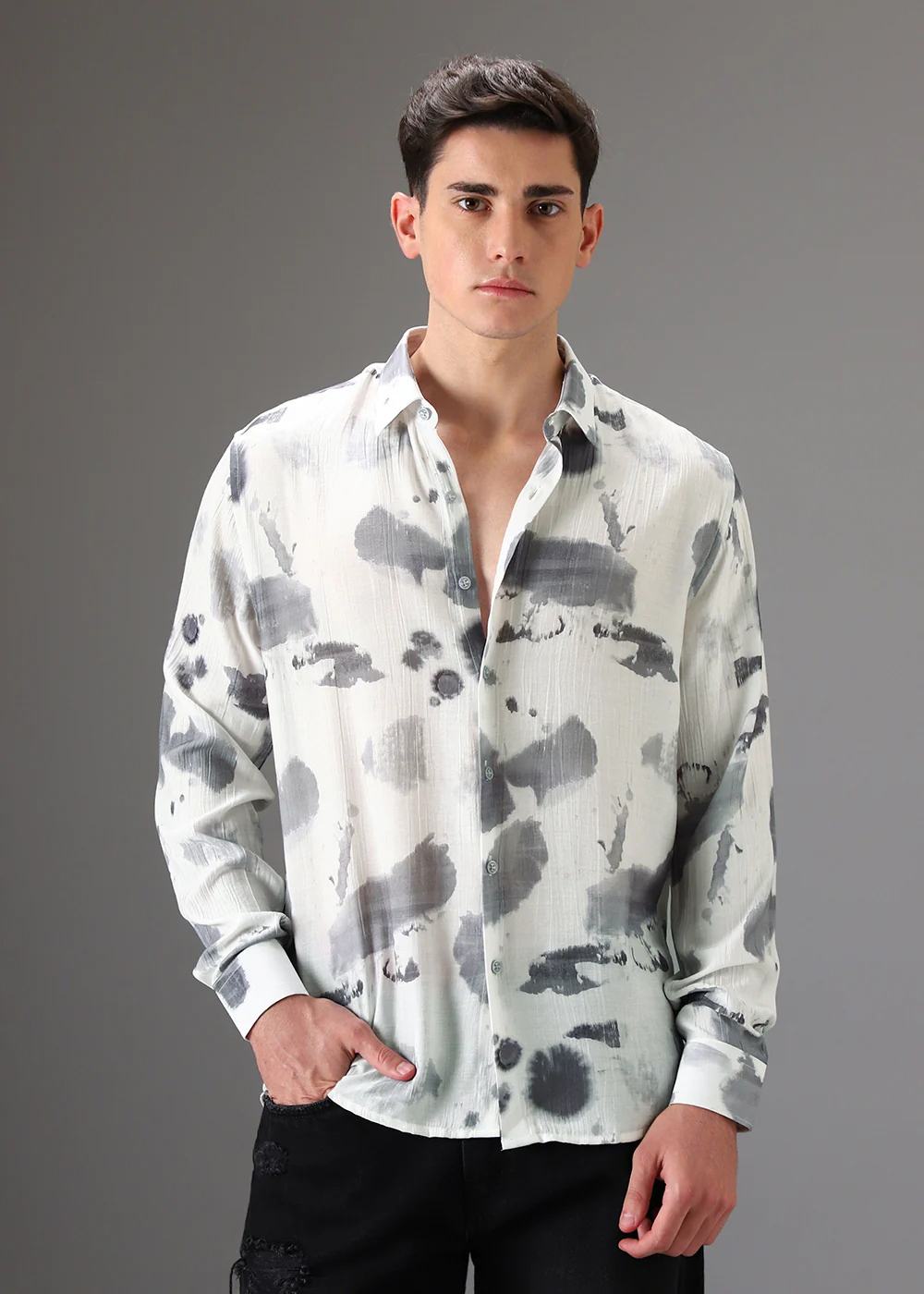 Light Grey Crushed Printed Shirt - Image 3