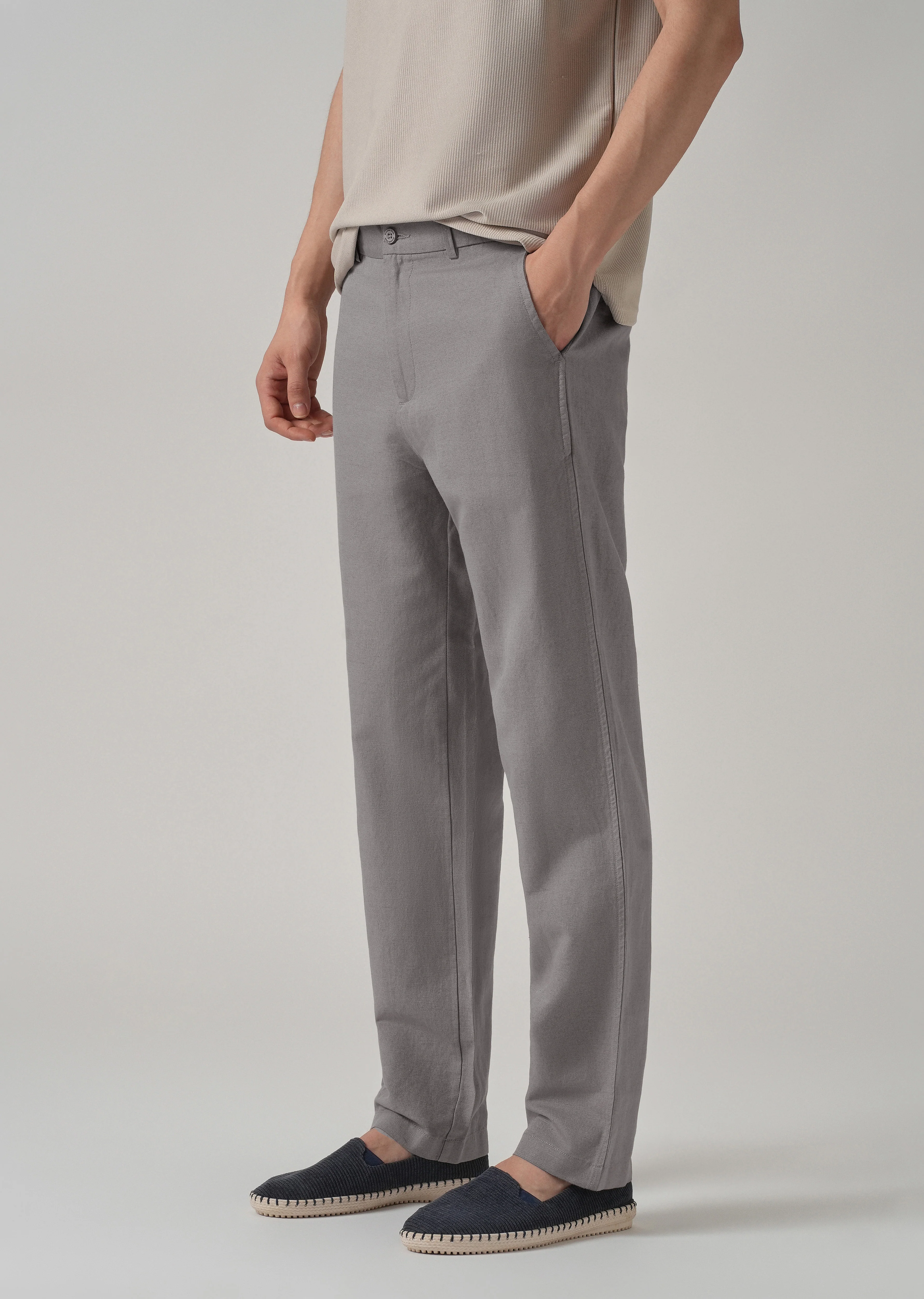 Light Grey Linen Relaxed Fit Trouser - Image 7