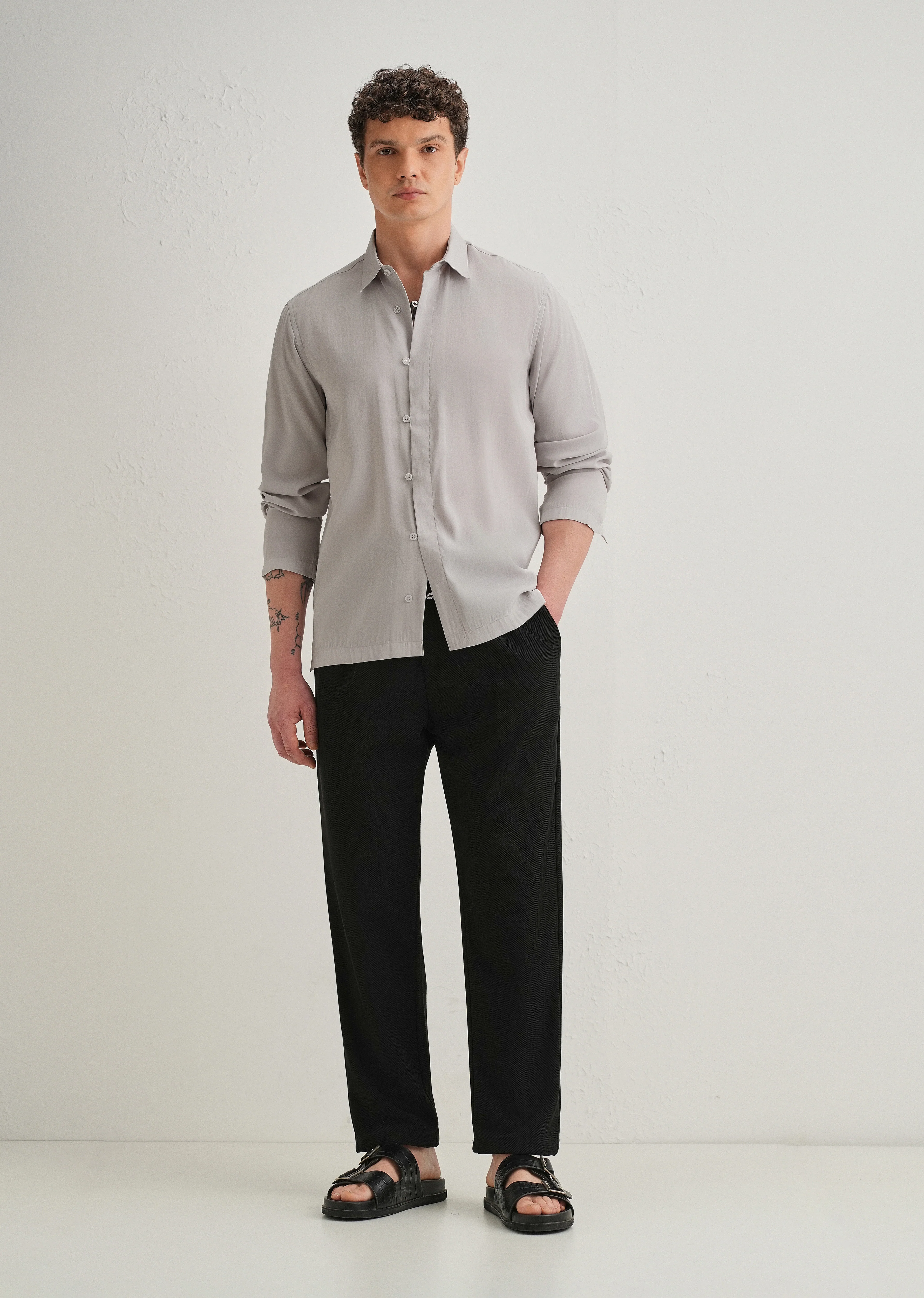 Light Grey Loop Button-Down Plain Shirt - Image 7