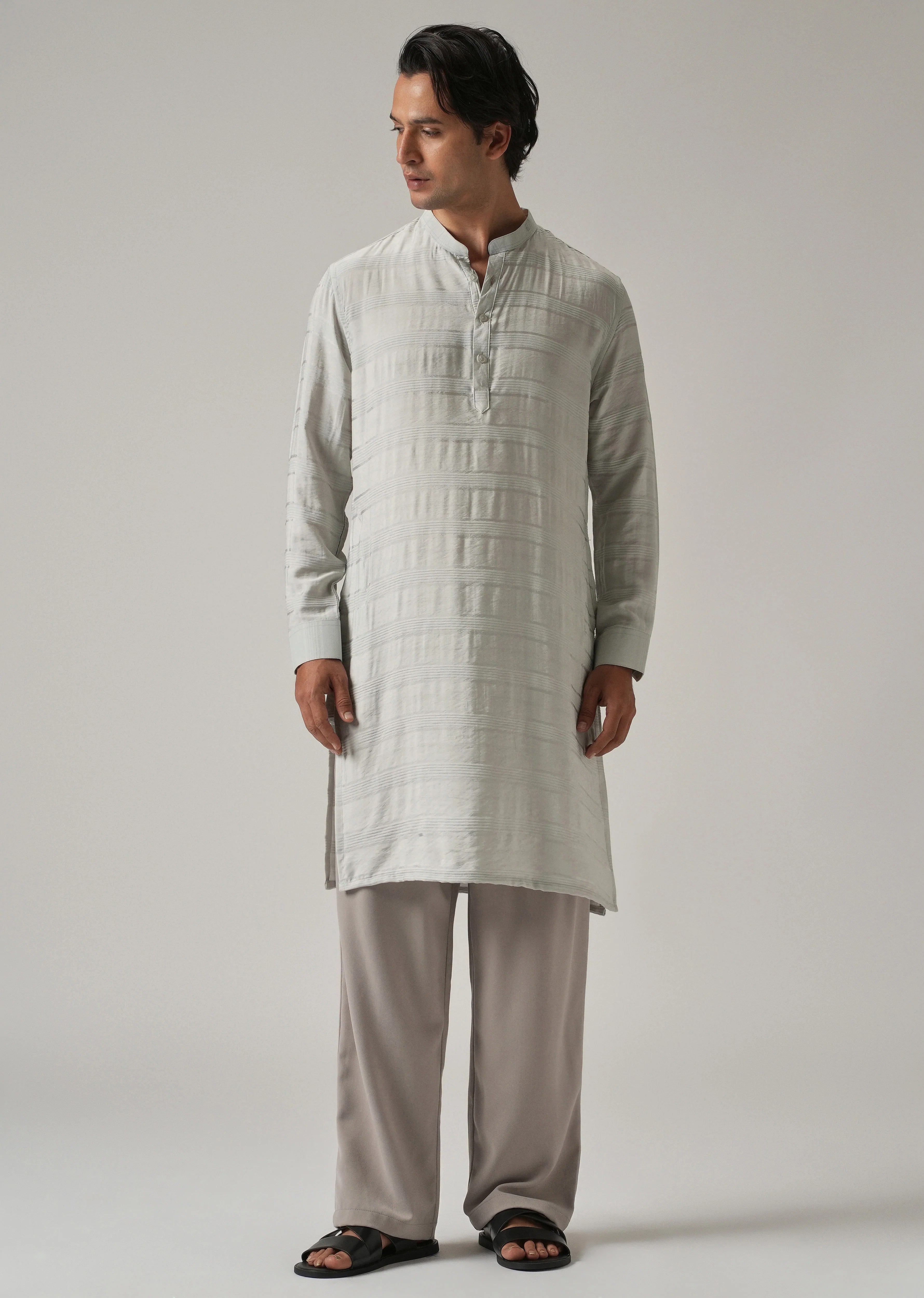 Light Grey Nylon Subtle Stripe Kurta - Image 3