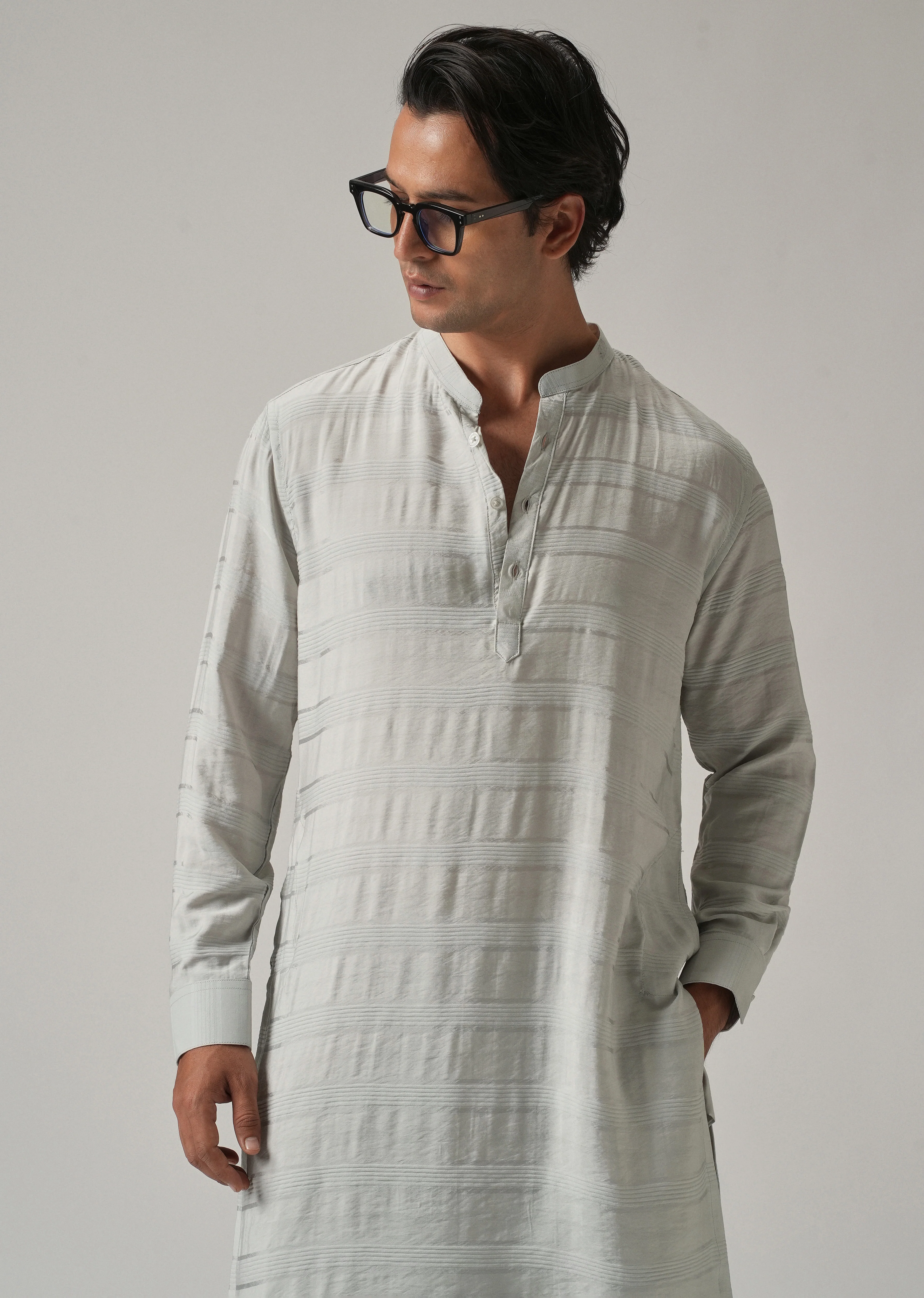 Light Grey Nylon Subtle Stripe Kurta - Image 6