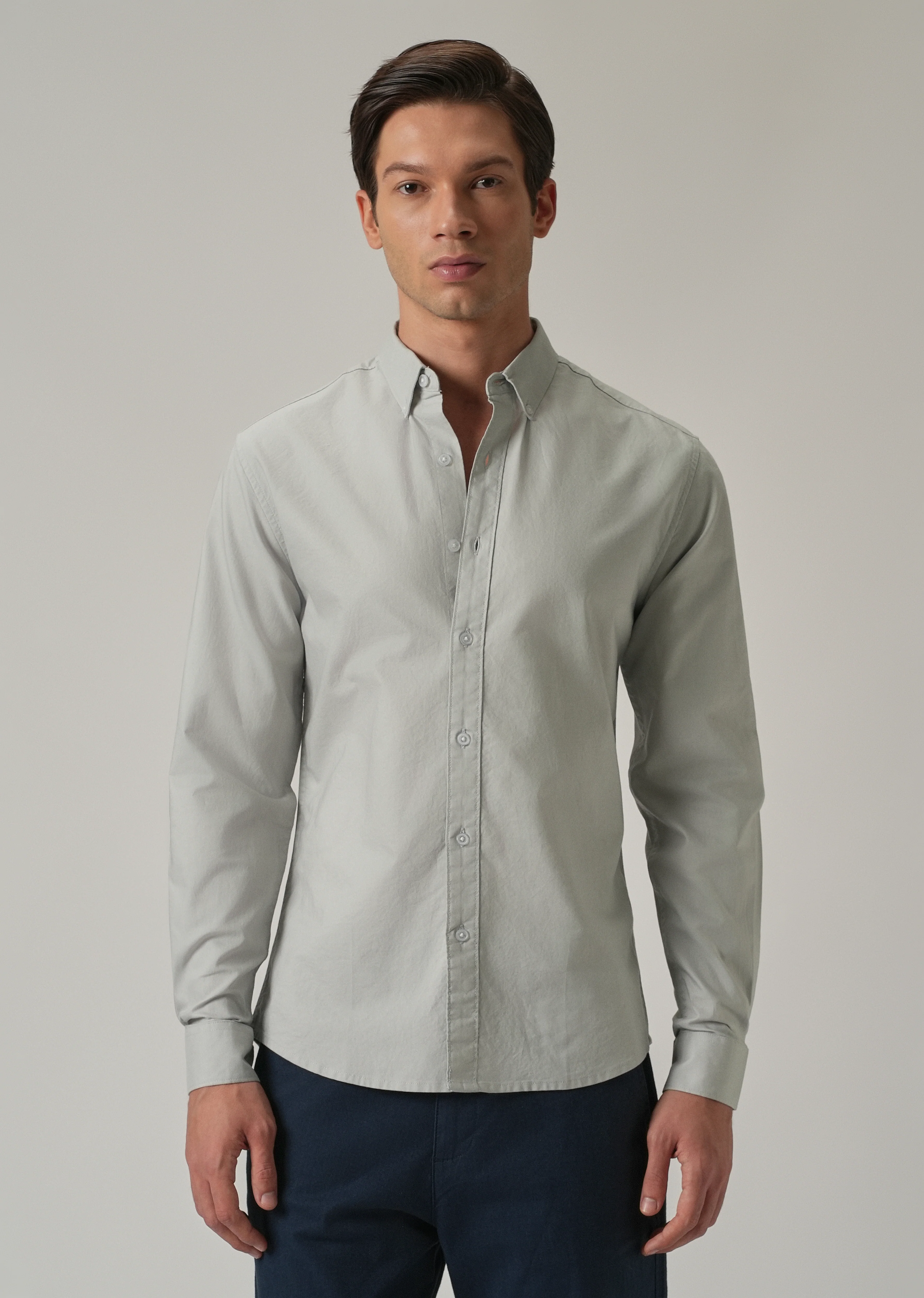 Light Grey Plain Elbow Patch Oxford Shirt - Image 4