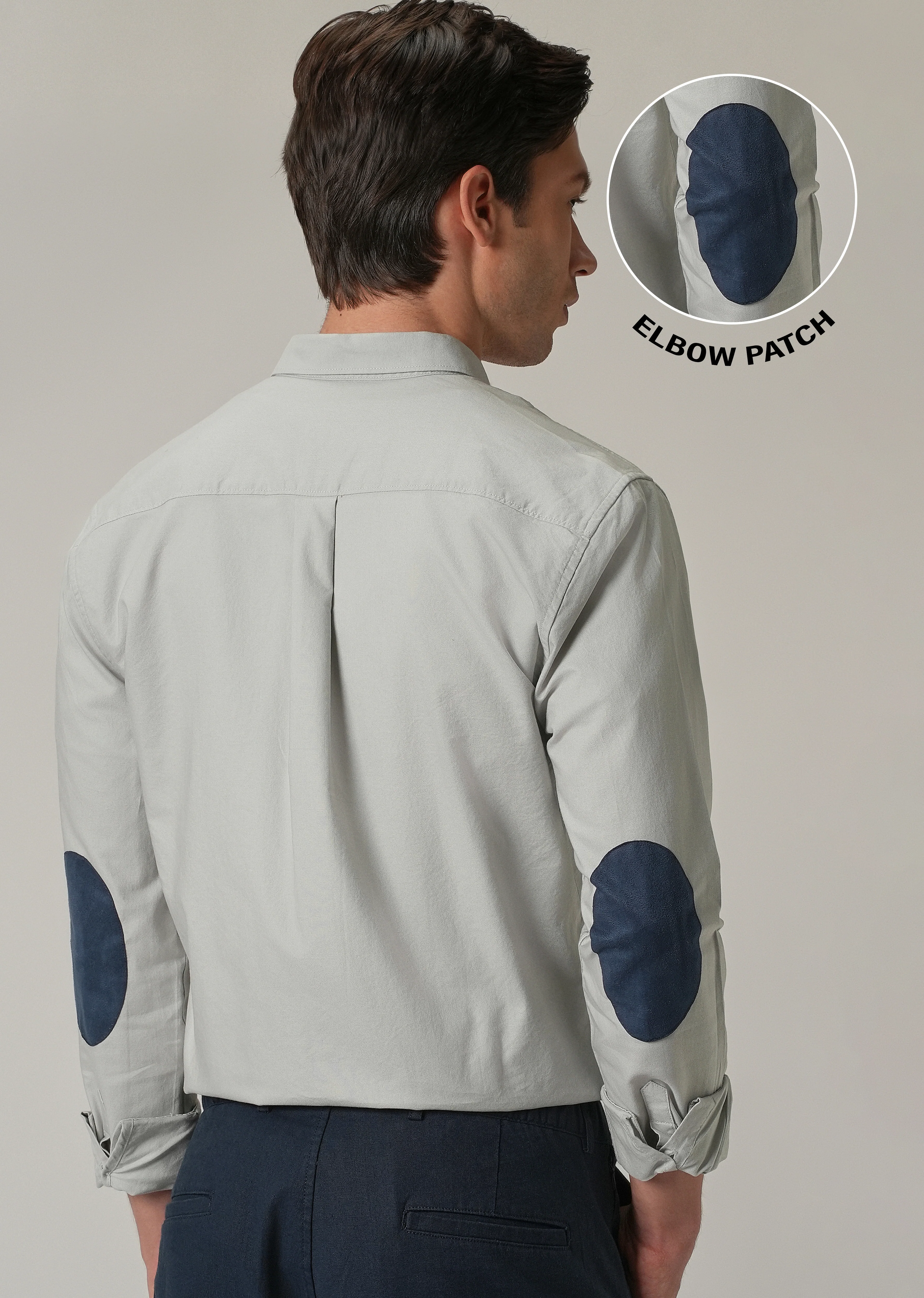 Light Grey Plain Elbow Patch Oxford Shirt - Image 9