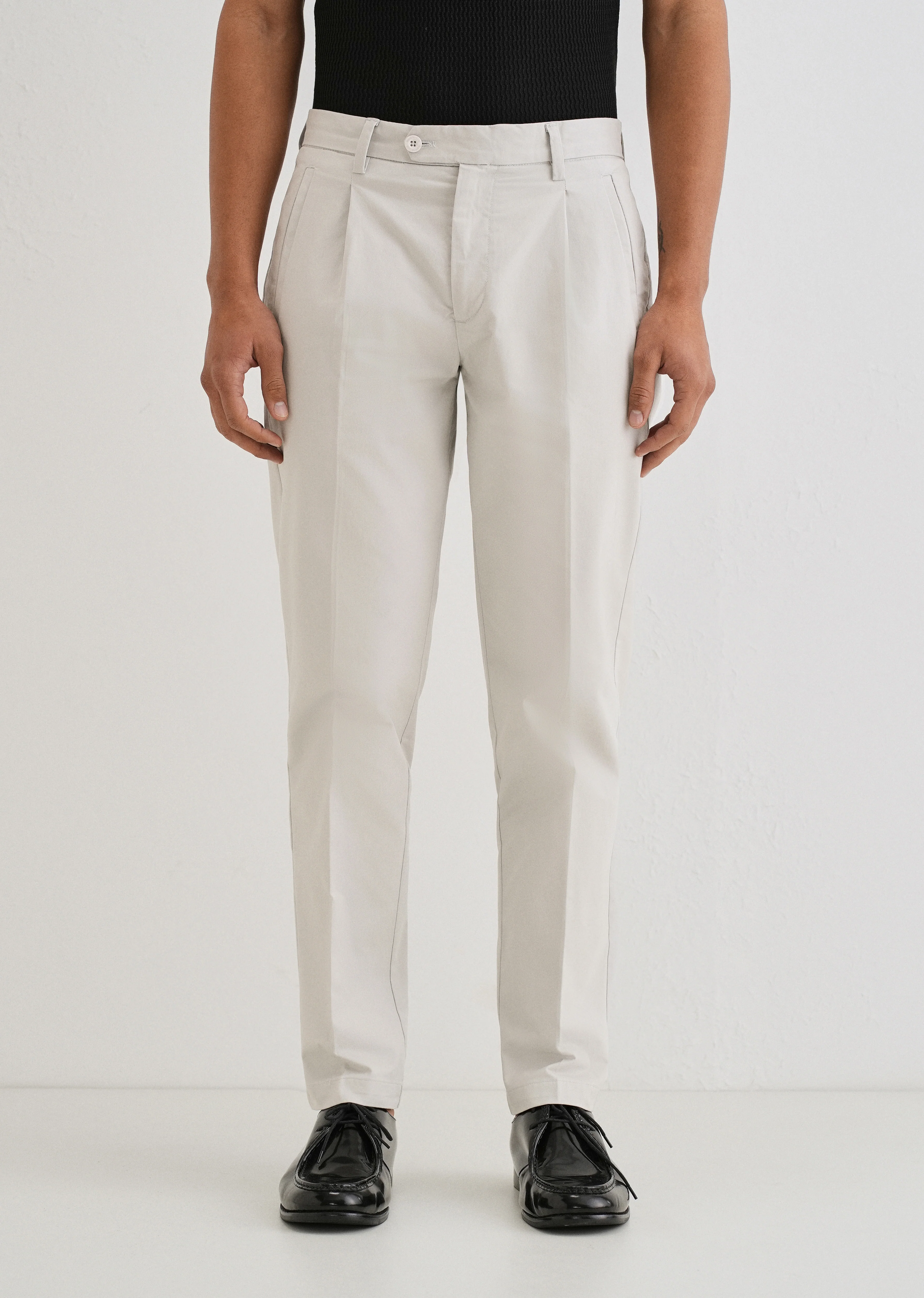Light Grey Plain Pleated Chinos - Image 3