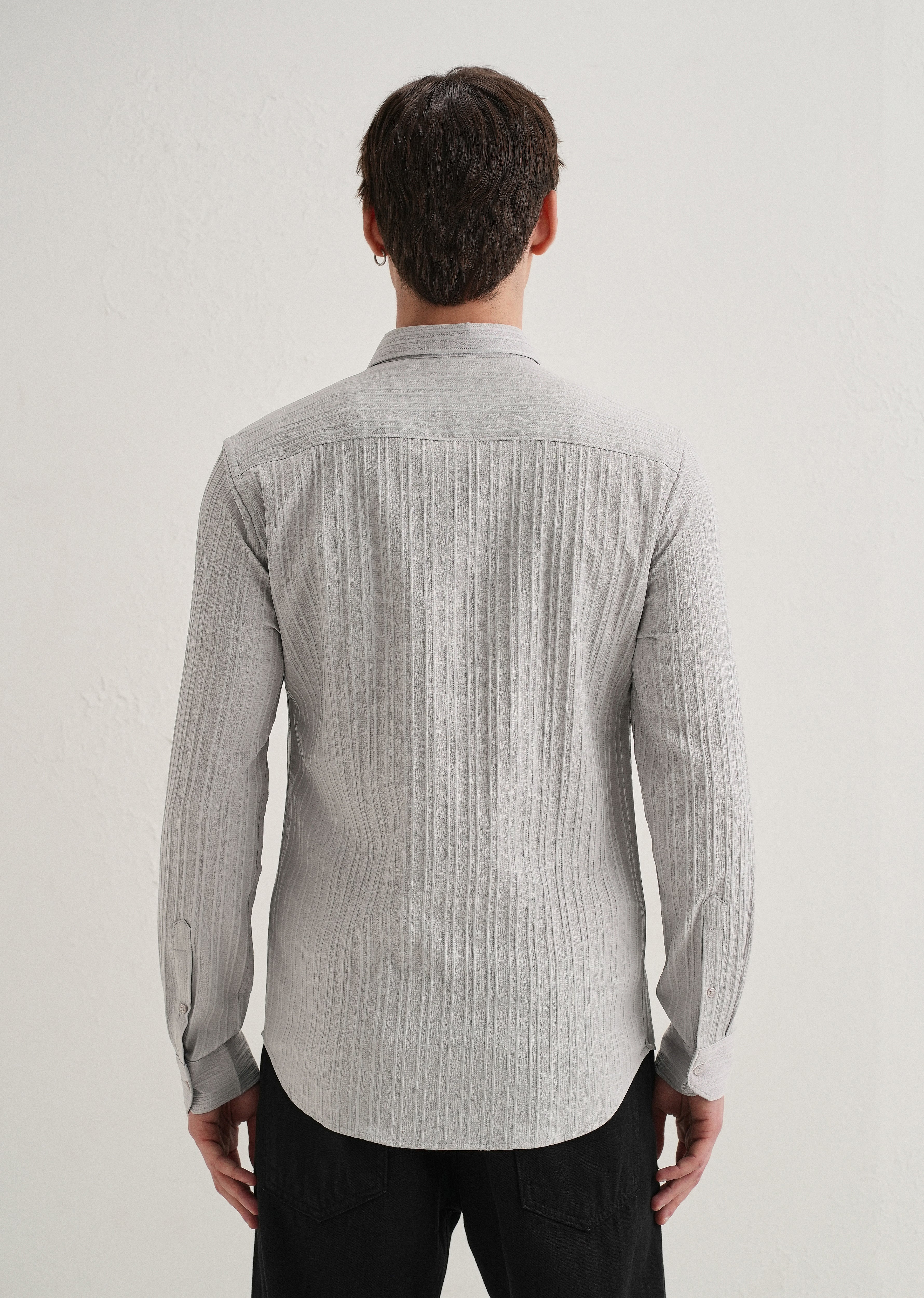 Light Grey Plain Self Striped Shirt - Image 2
