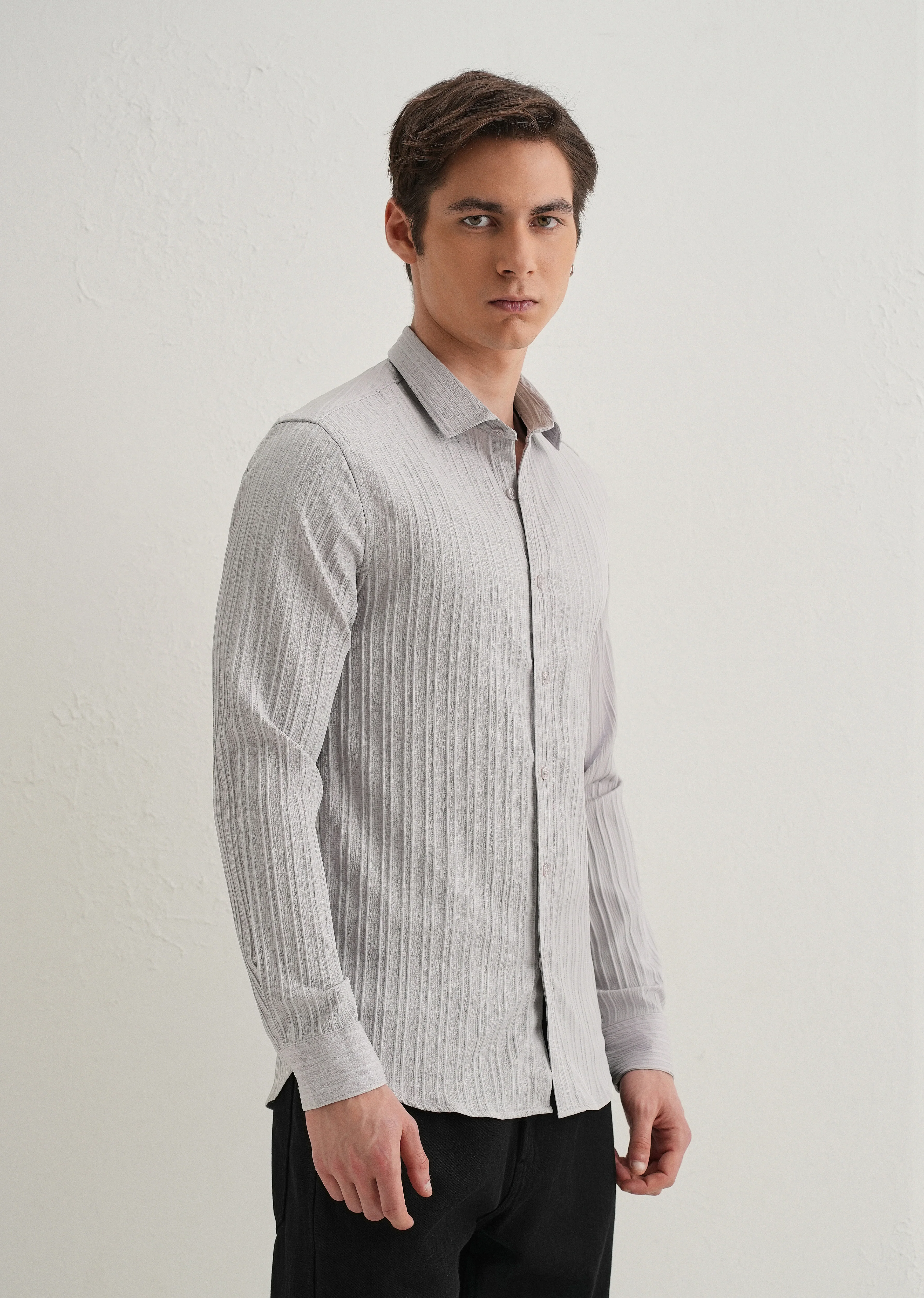 Light Grey Plain Self Striped Shirt - Image 4