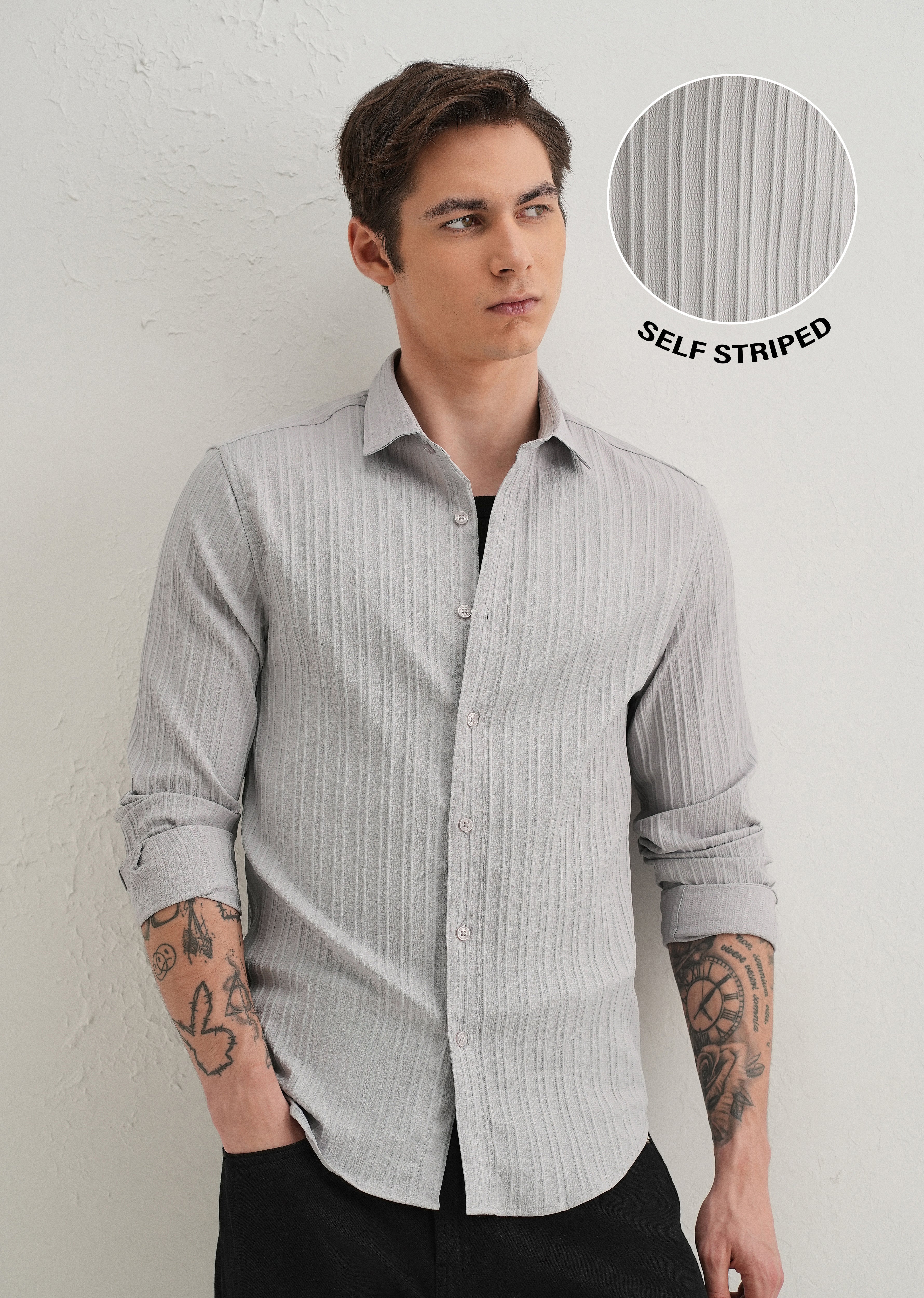 Light Grey Plain Self Striped Shirt - Image 7