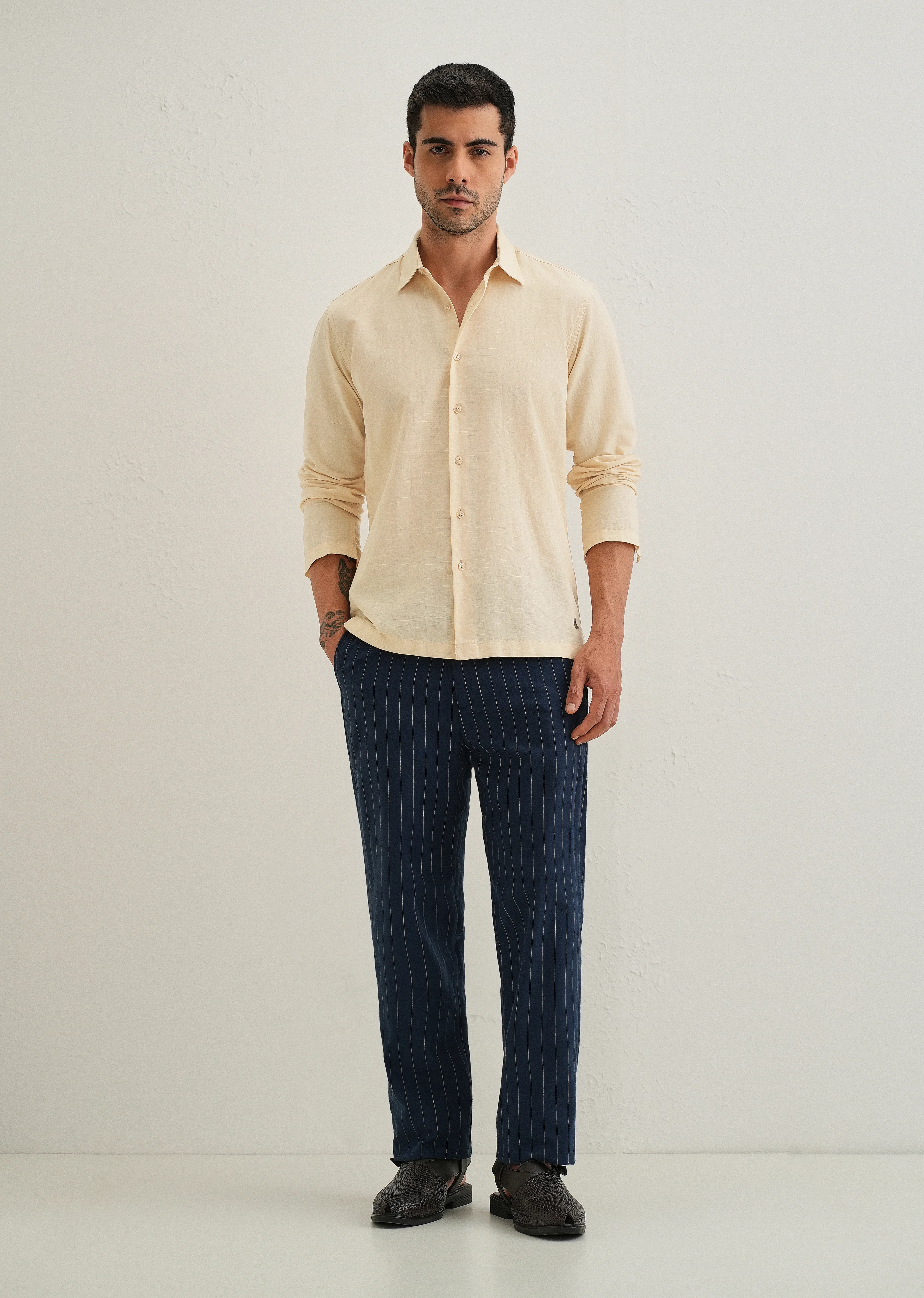 Light Ivory Hidden Sleeve Placket Cotton Linen Shirt - Image 8