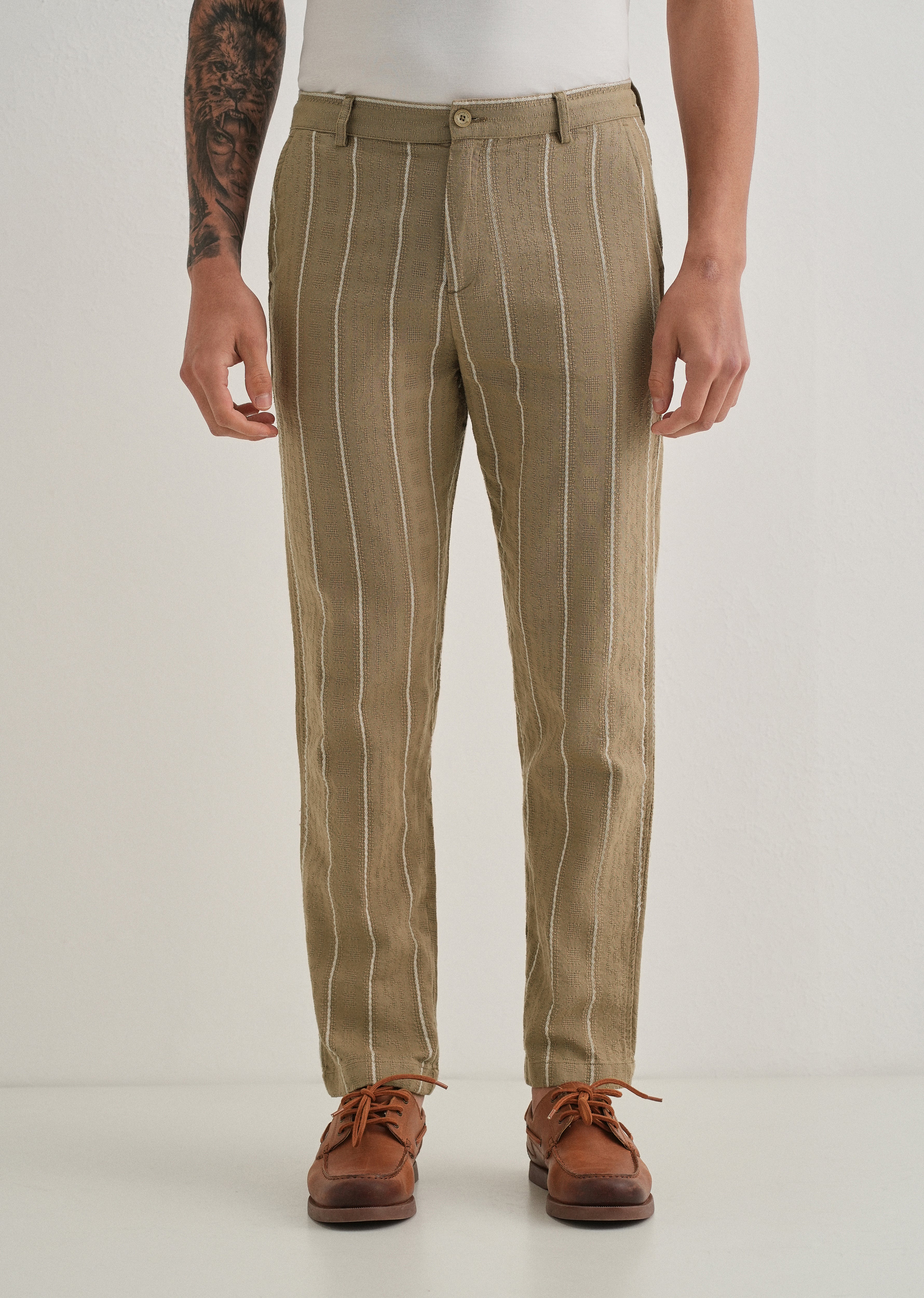 Light Khaki Dobby Cotton Stripe Pants - Image 3