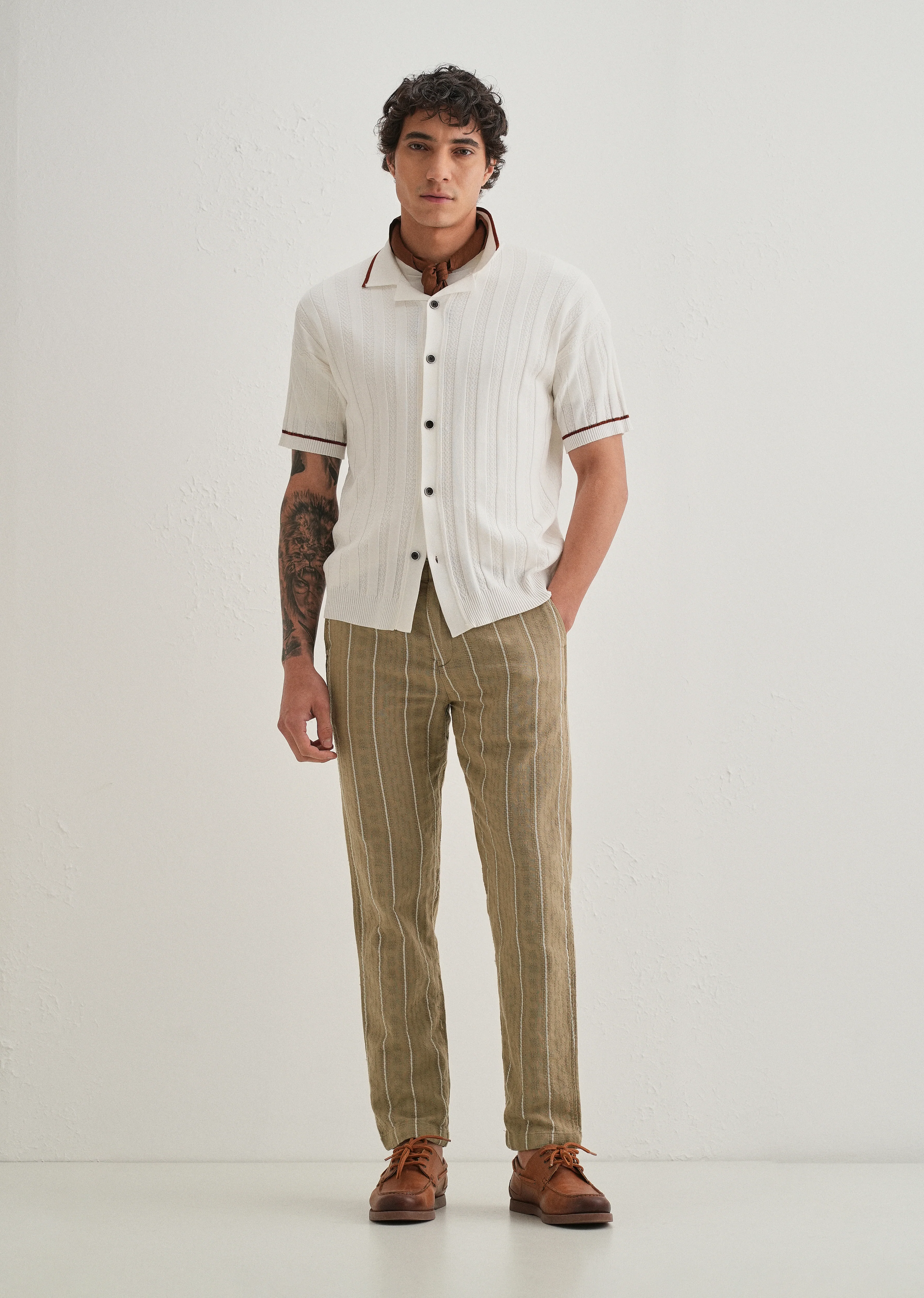 Light Khaki Dobby Cotton Stripe Pants - Image 6