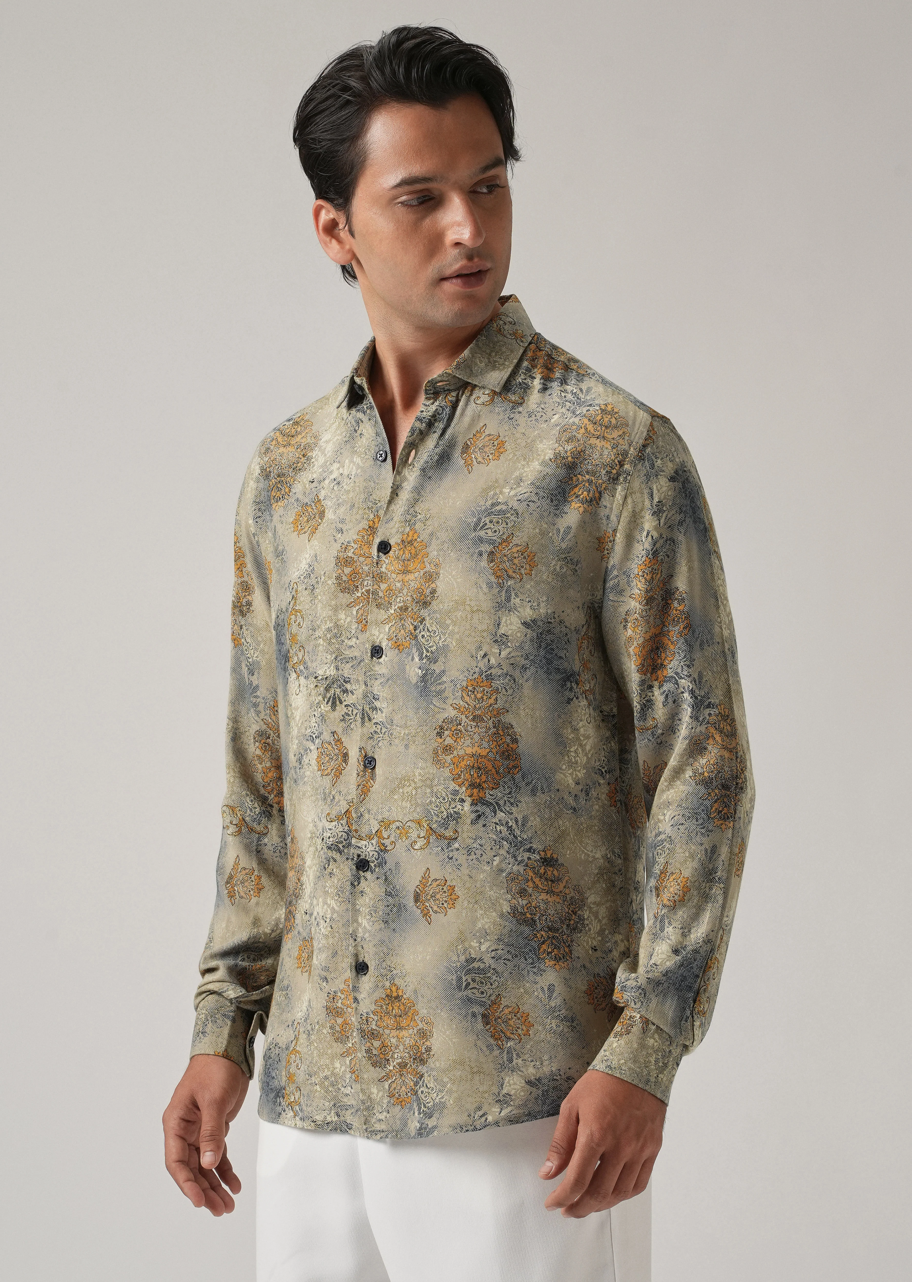 Light Olive Floral Print Feather Shirt - Image 3