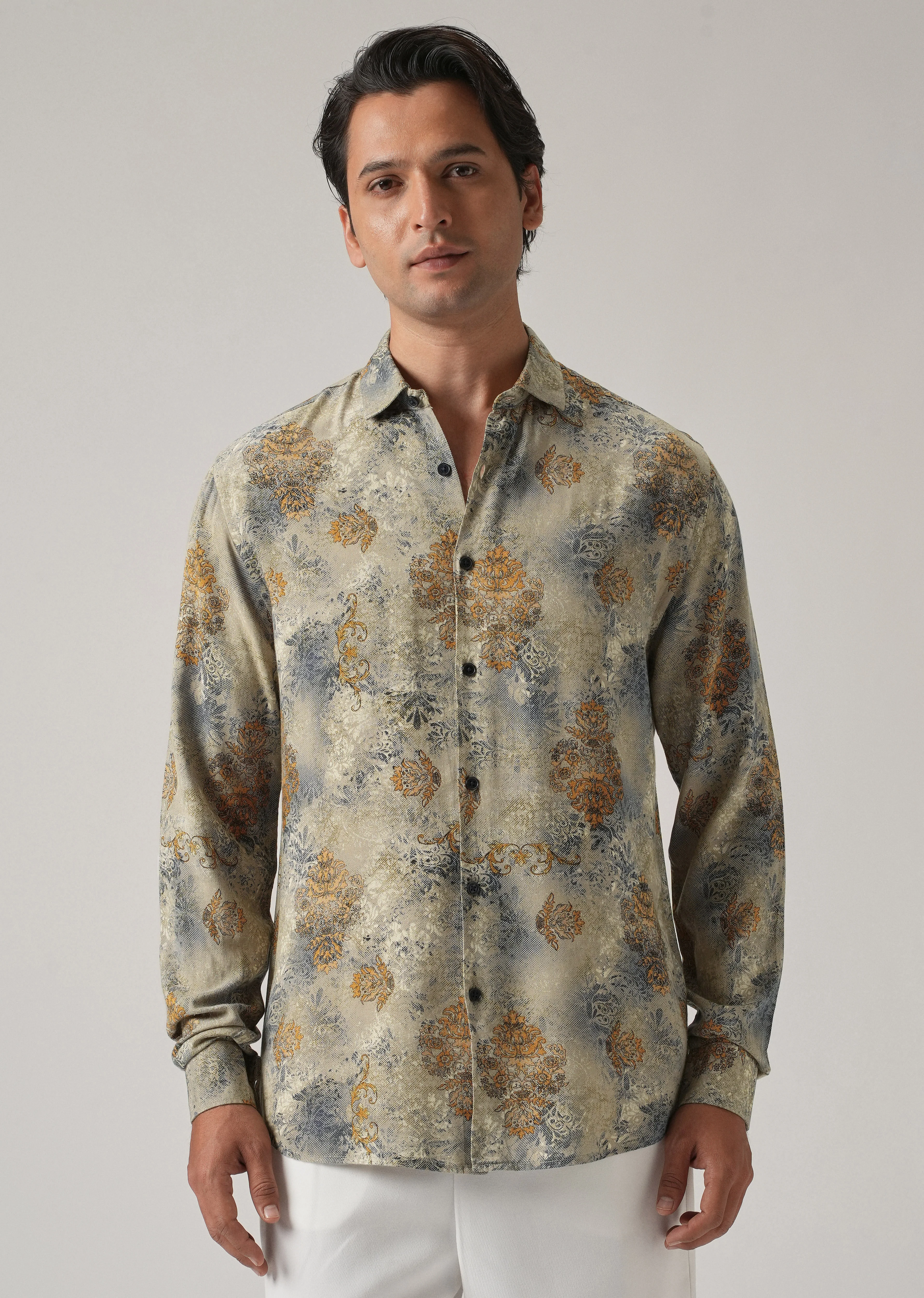 Light Olive Floral Print Feather Shirt - Image 4
