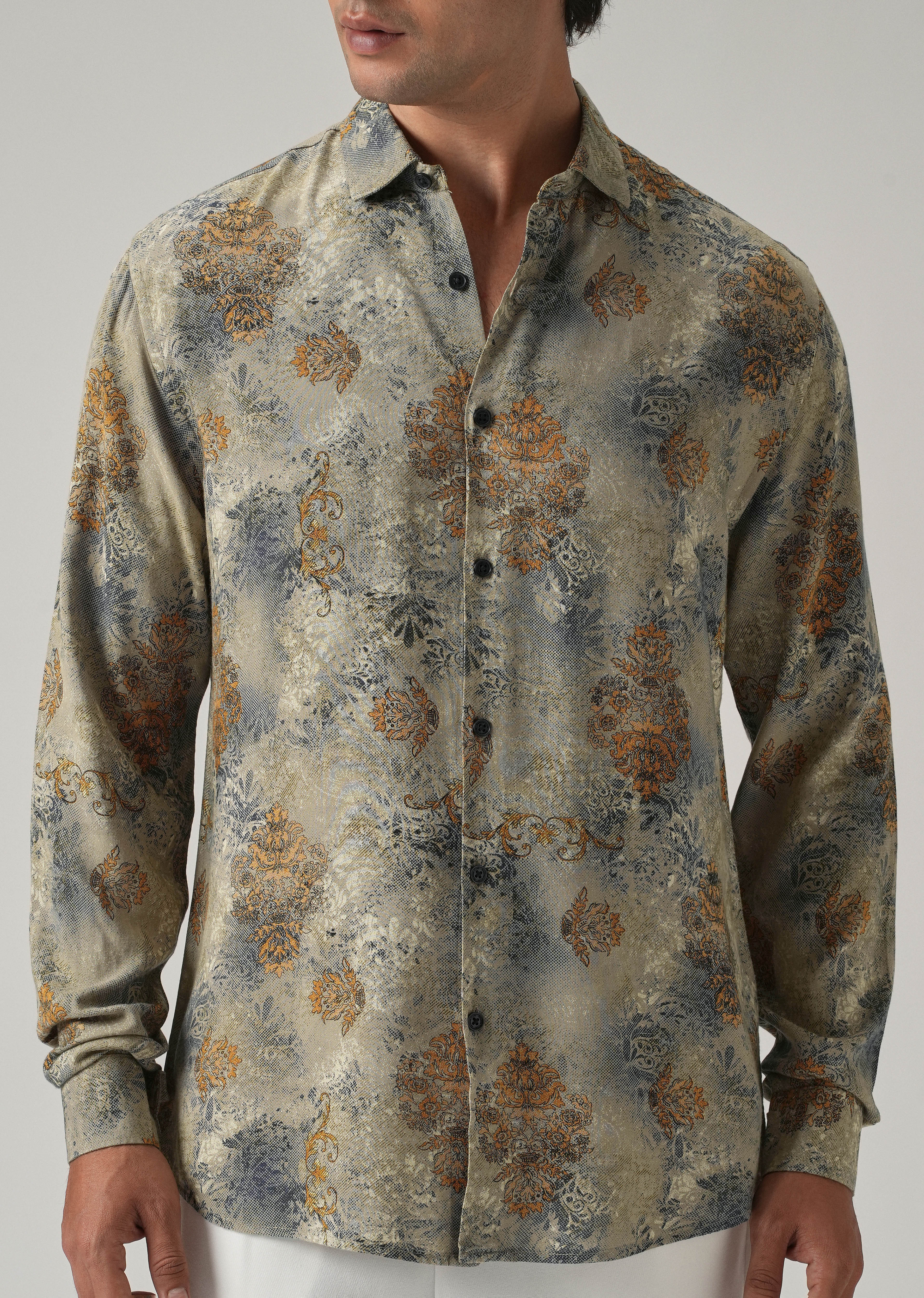 Light Olive Floral Print Feather Shirt - Image 7