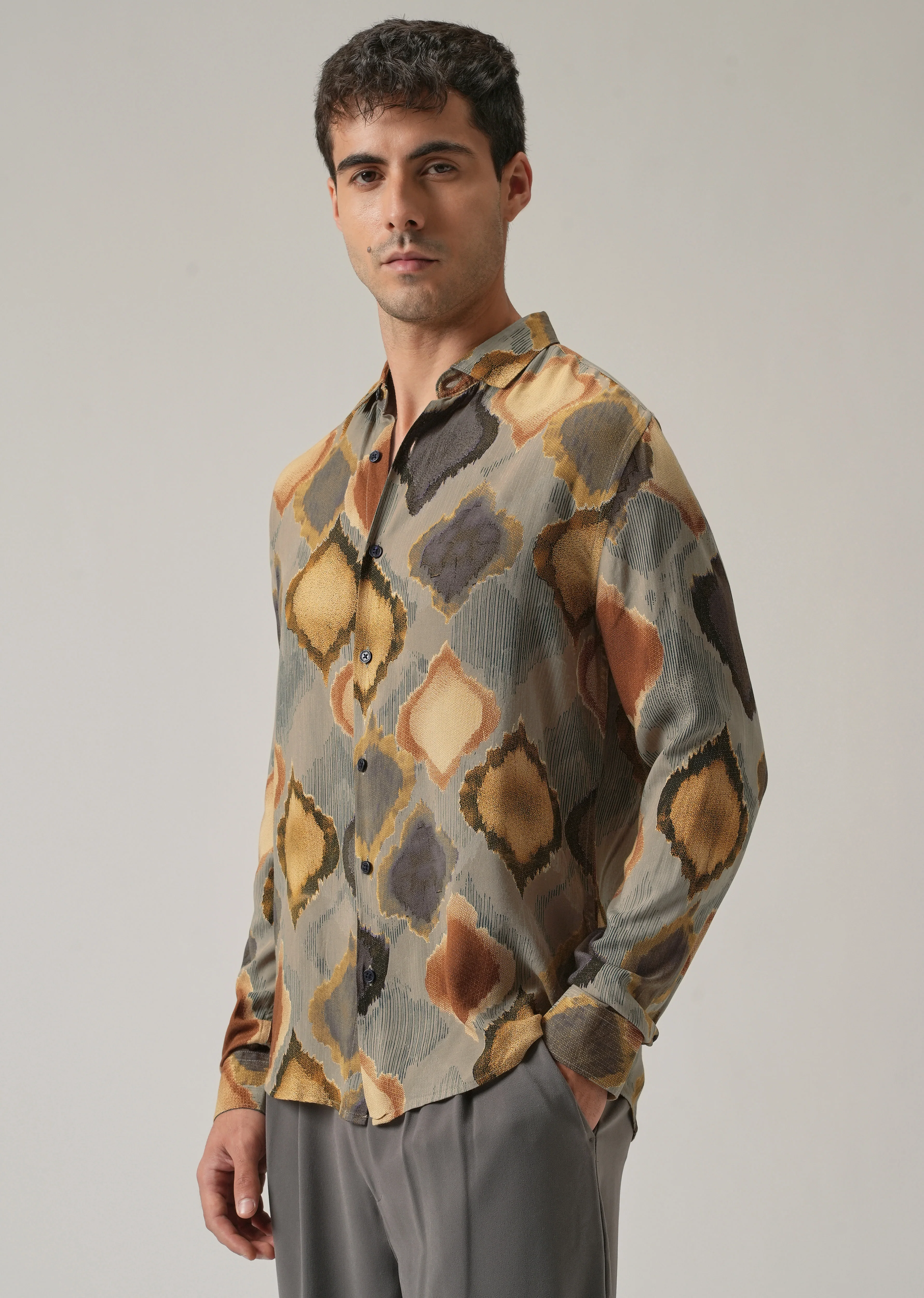 Light Olive Rustic Print Feather Shirt - Image 4
