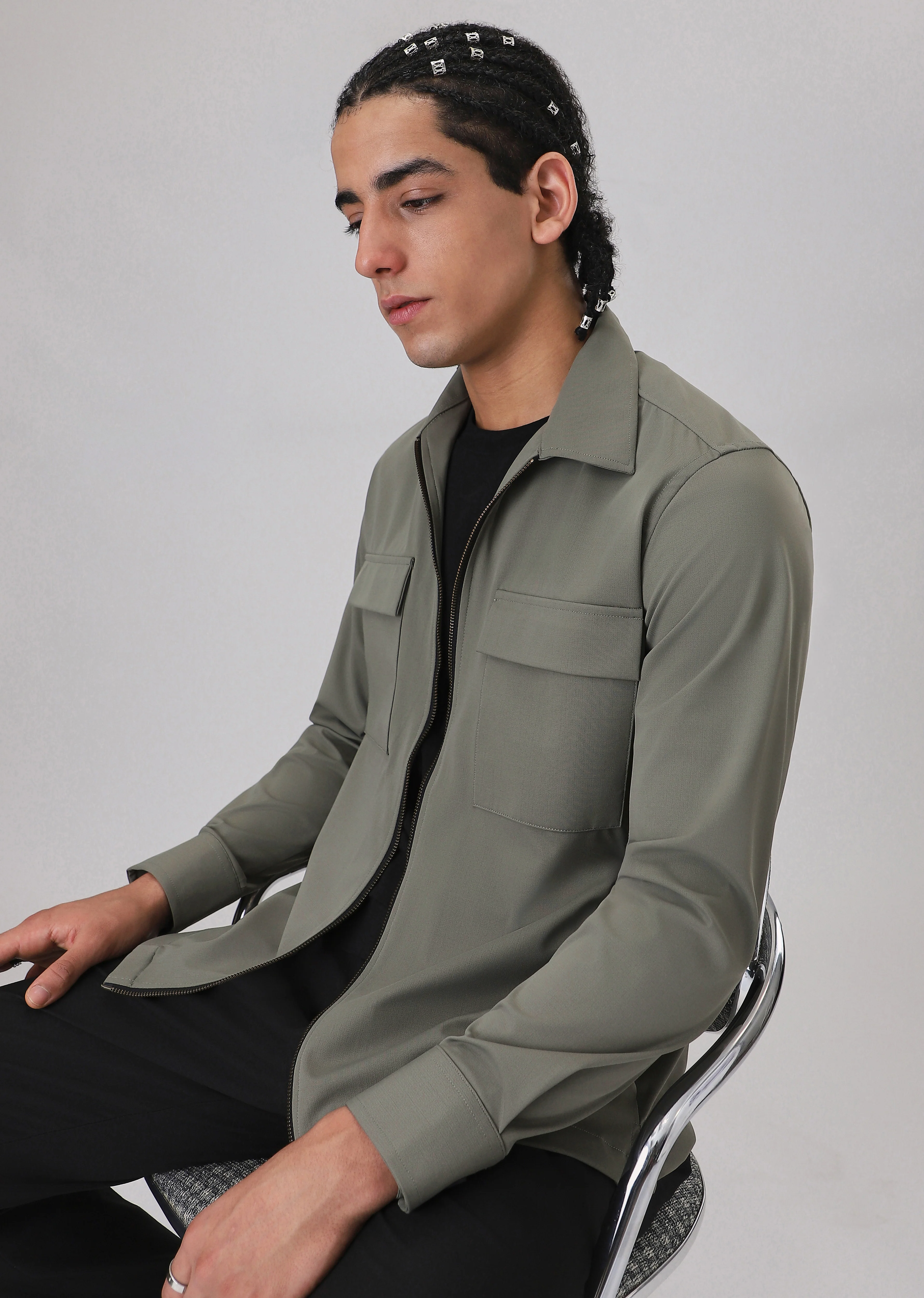 Light Olive Zipper Shacket - Image 3