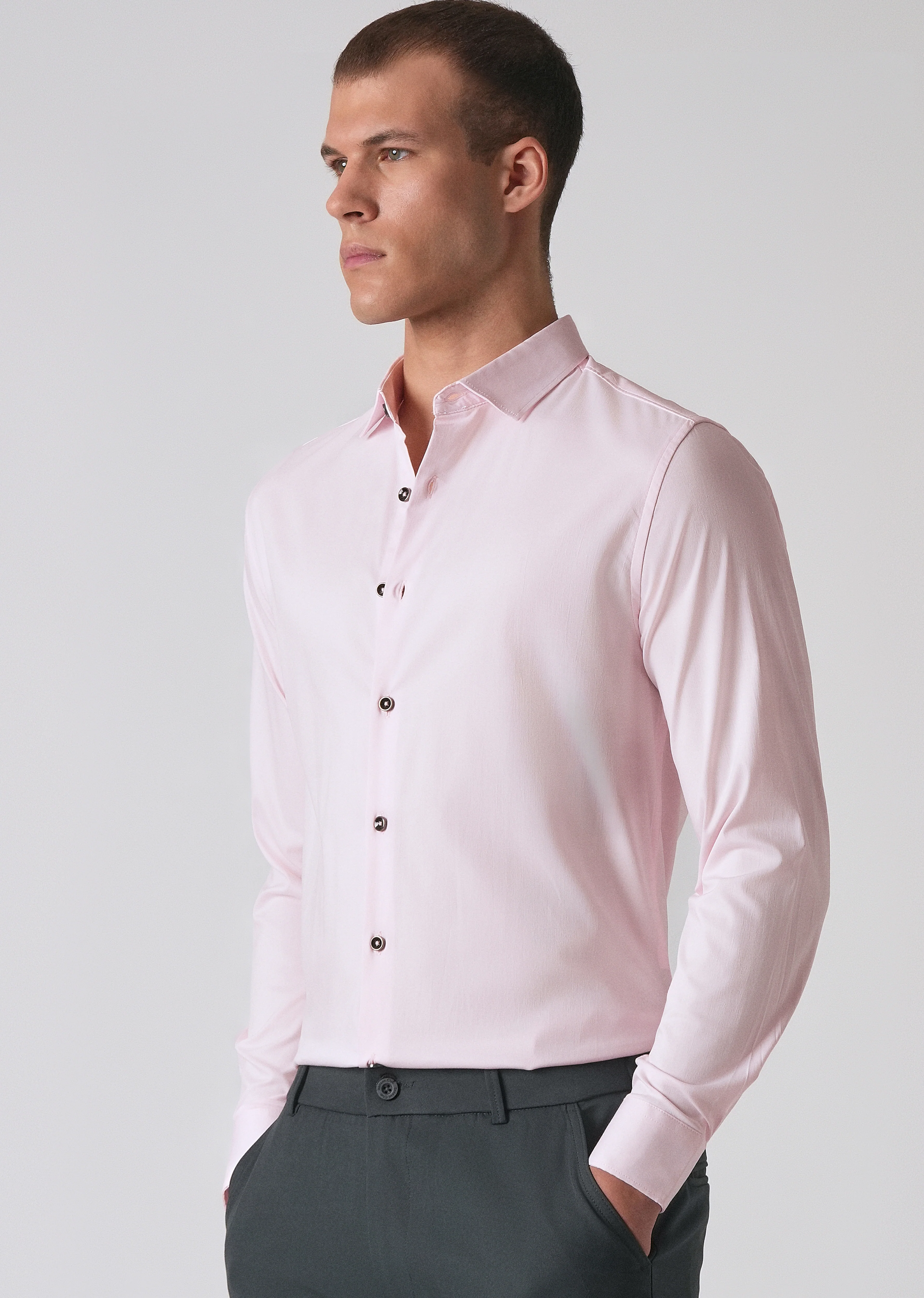 Light Pink Cotton Stretch Plain Shirt - Image 7