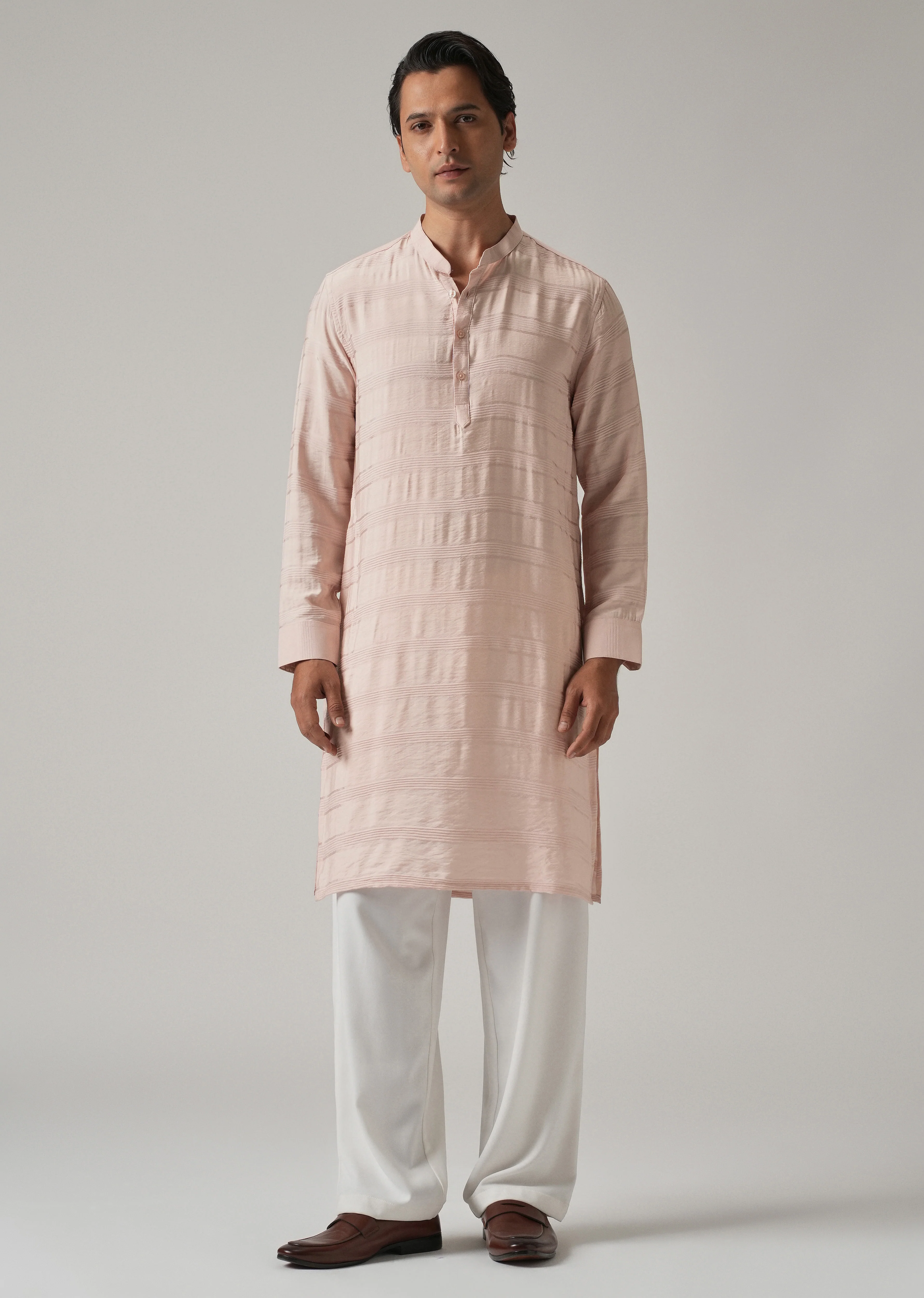 Light Pink Nylon Subtle Stripe Kurta - Image 3