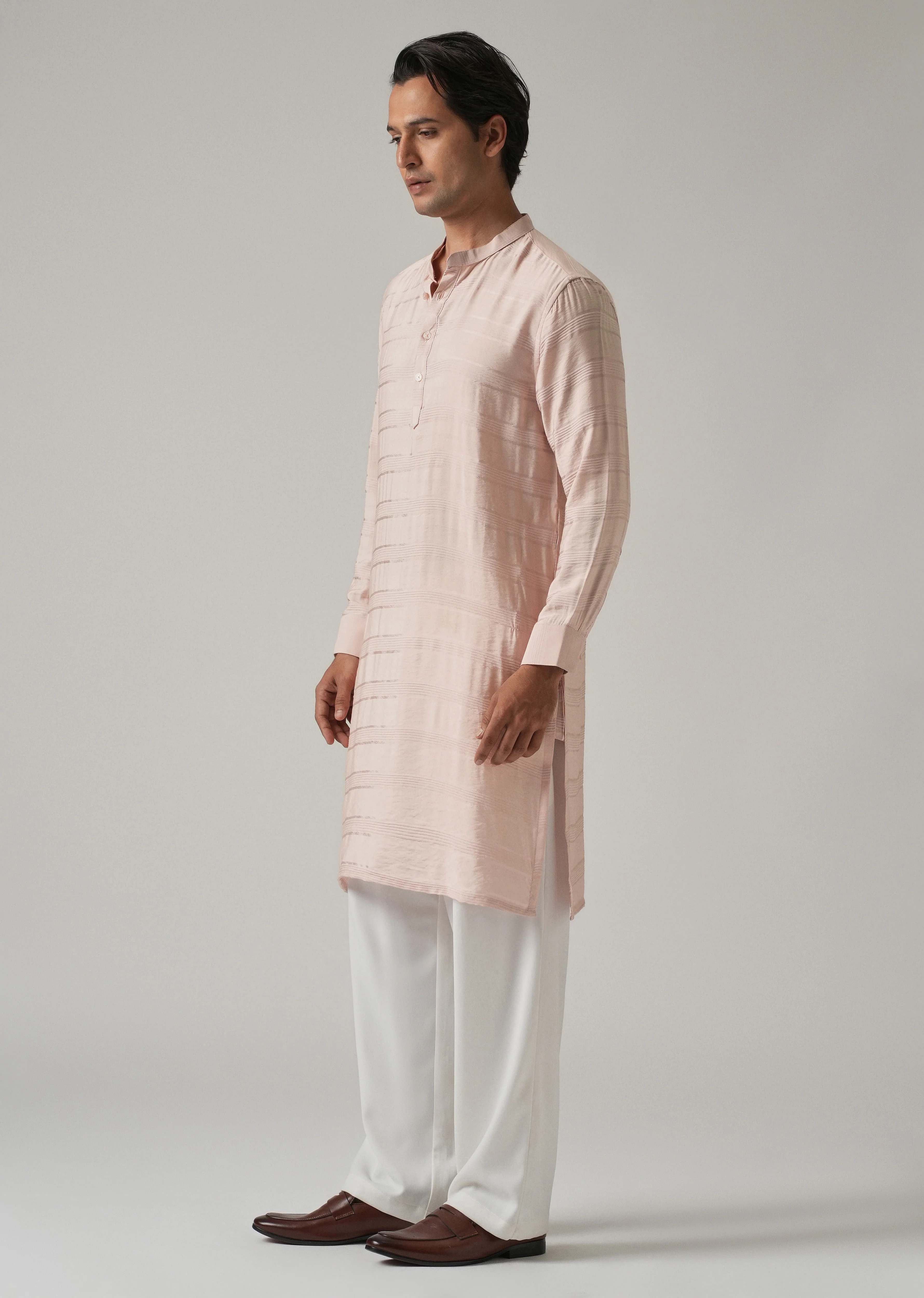 Light Pink Nylon Subtle Stripe Kurta - Image 4