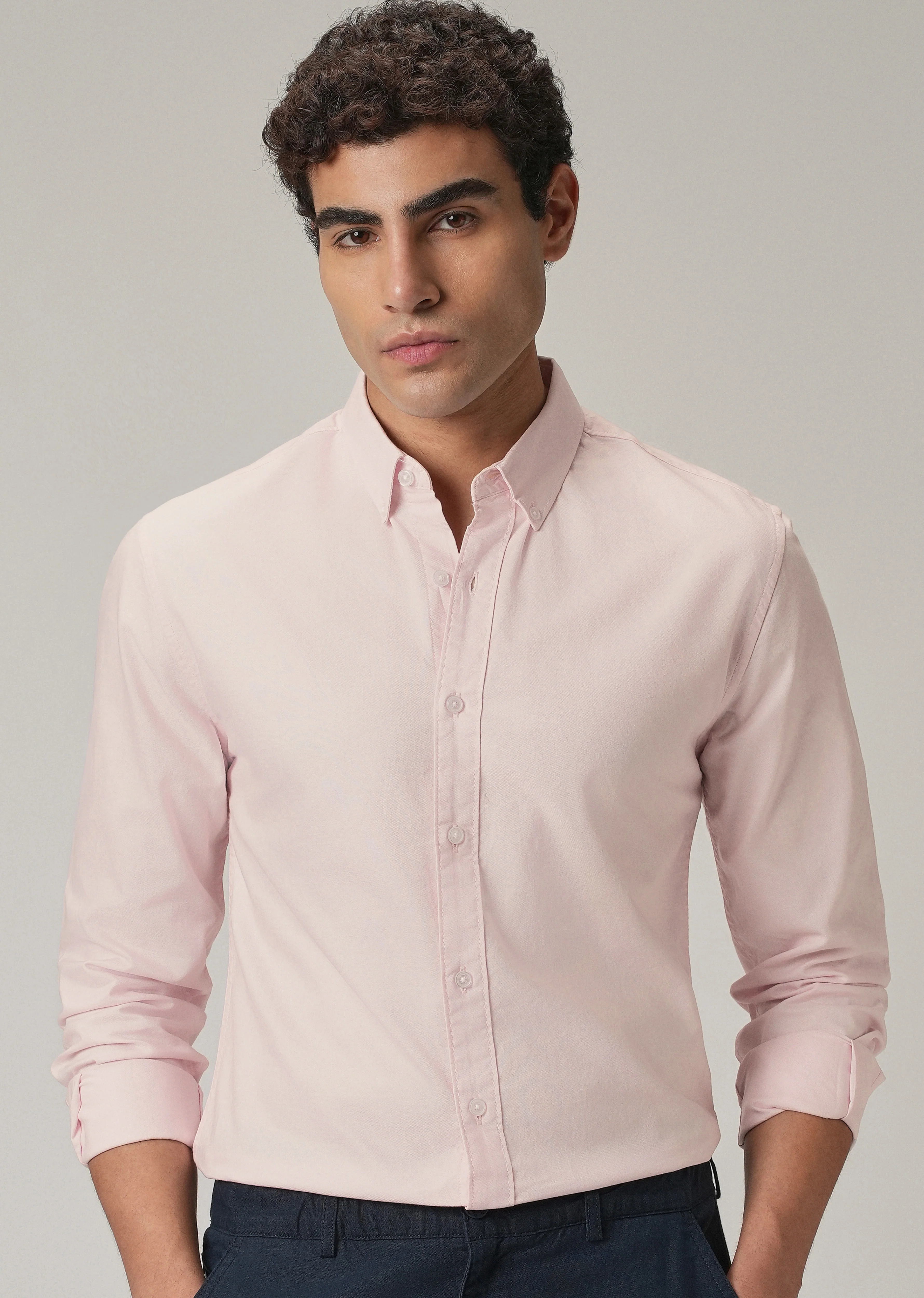 Light Pink Plain Elbow Patch Oxford Shirt - Image 9
