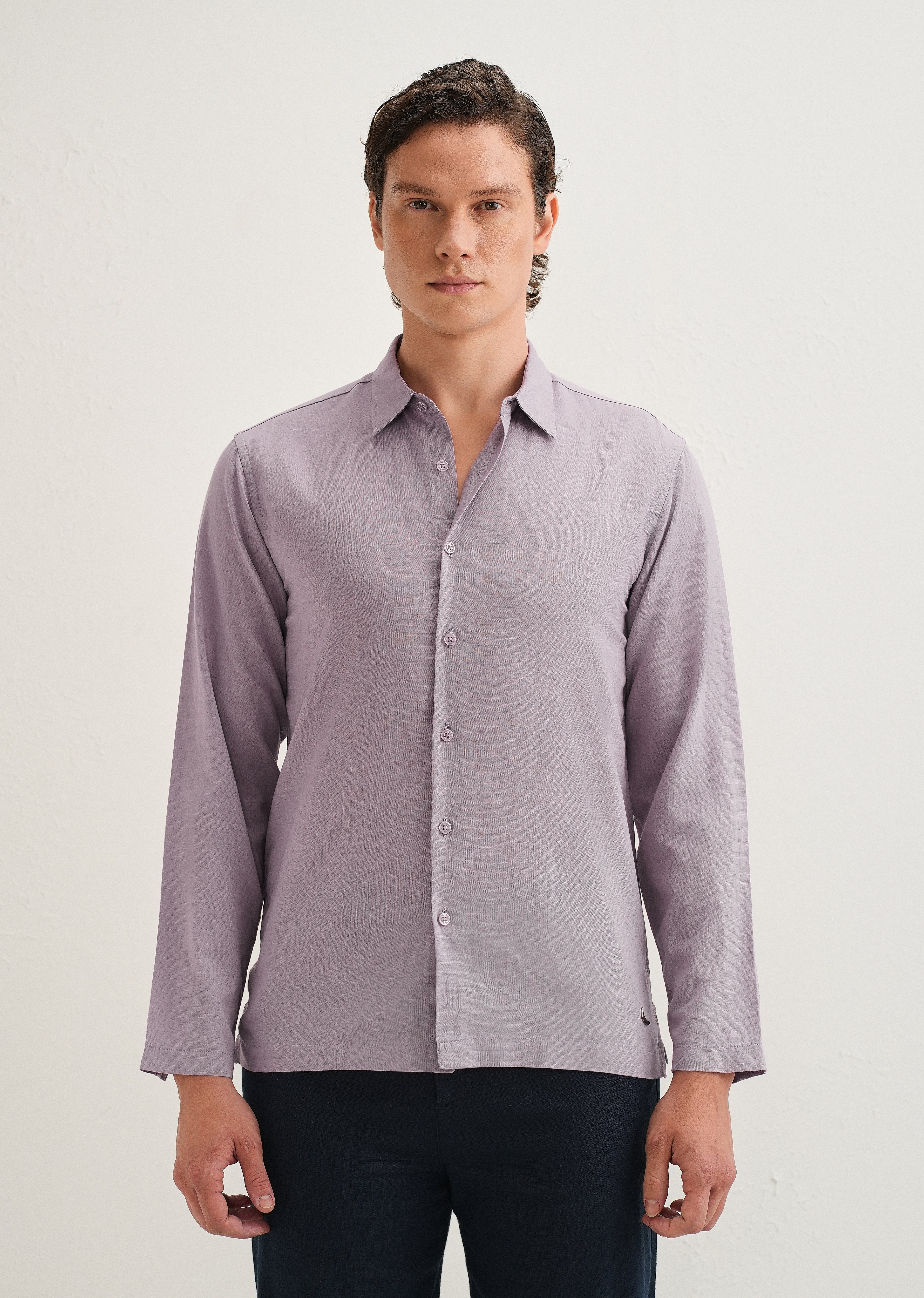 Light Purple Hidden Sleeve Placket Cotton Linen Shirt - Image 3