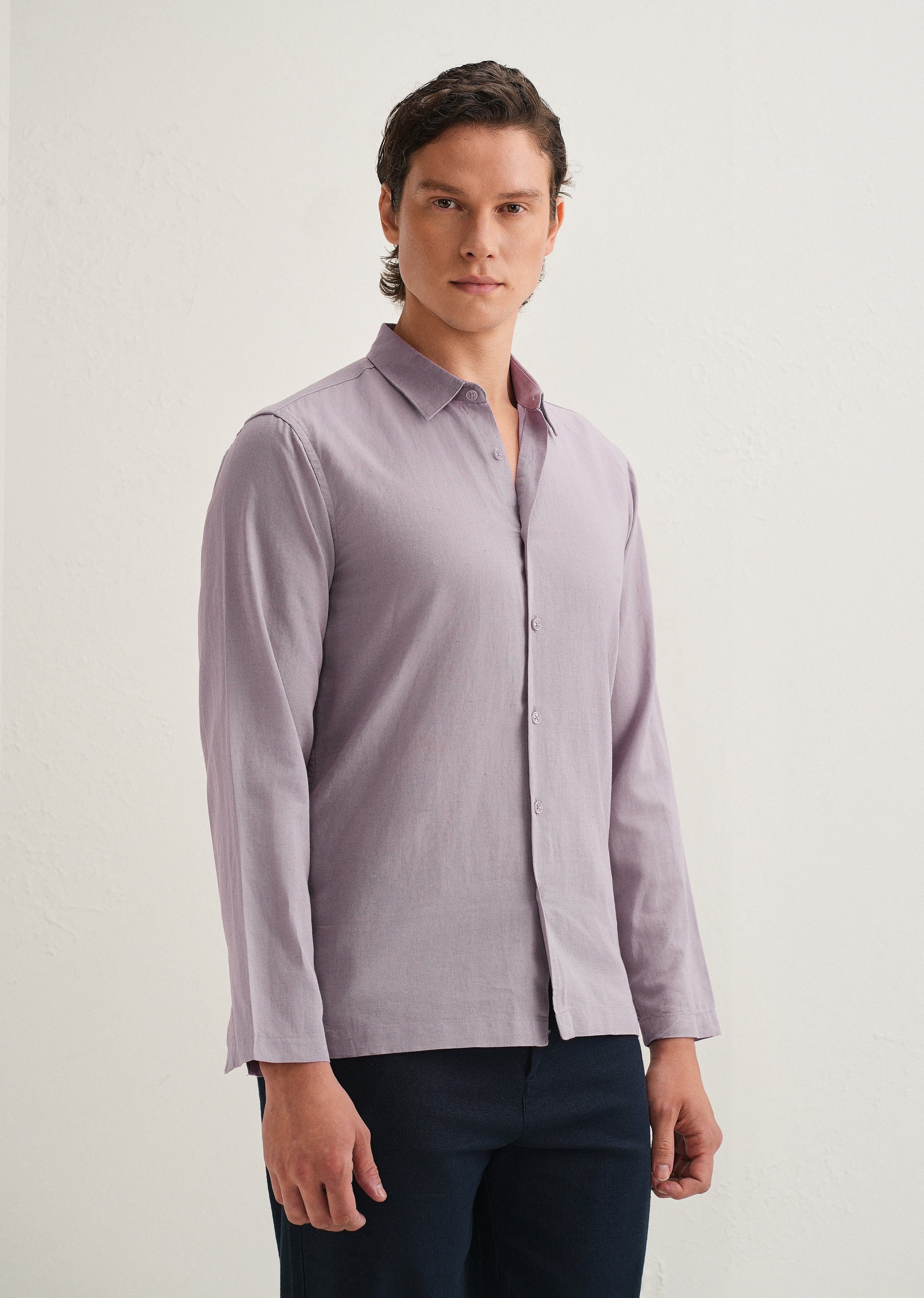 Light Purple Hidden Sleeve Placket Cotton Linen Shirt - Image 5