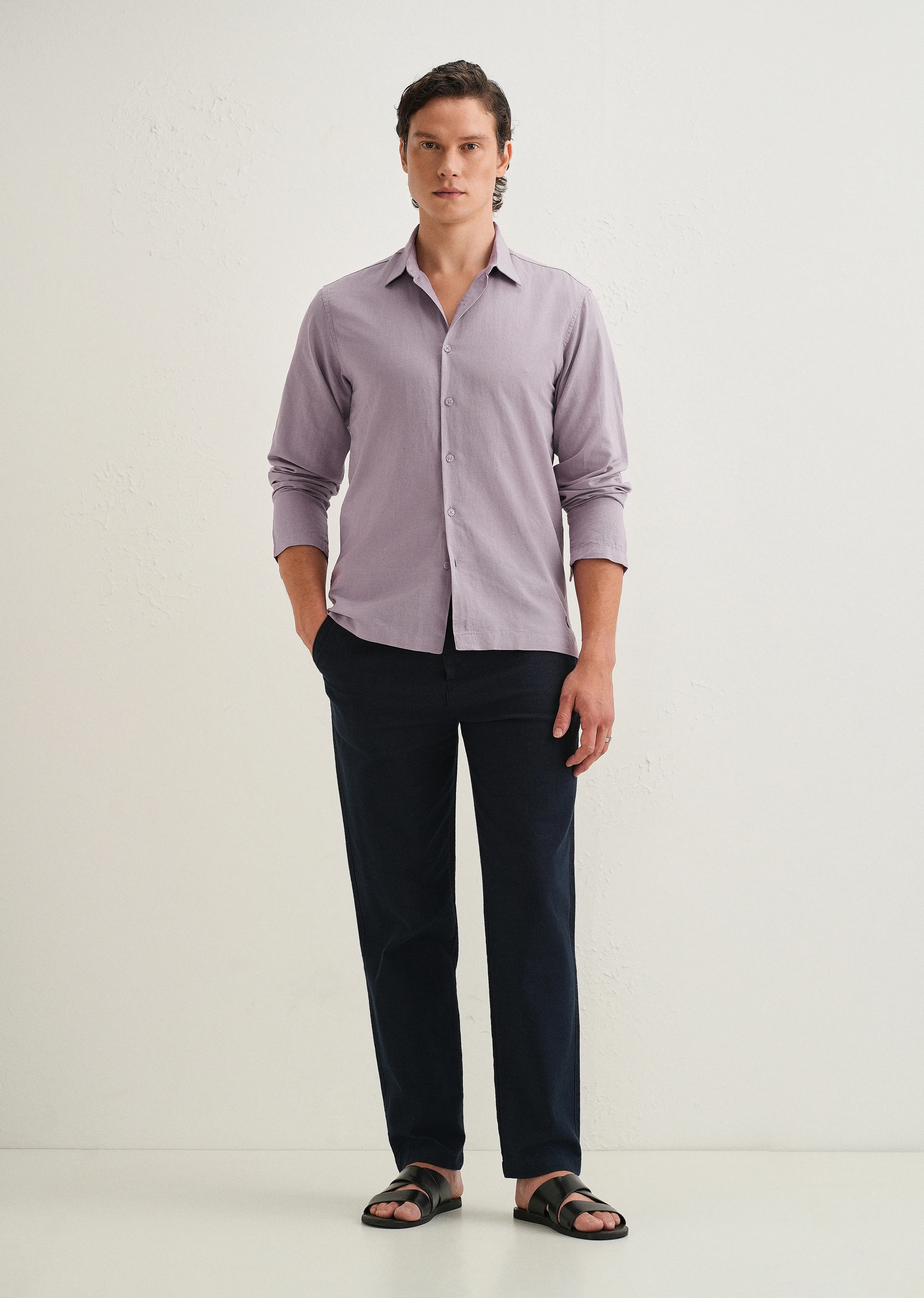 Light Purple Hidden Sleeve Placket Cotton Linen Shirt - Image 8