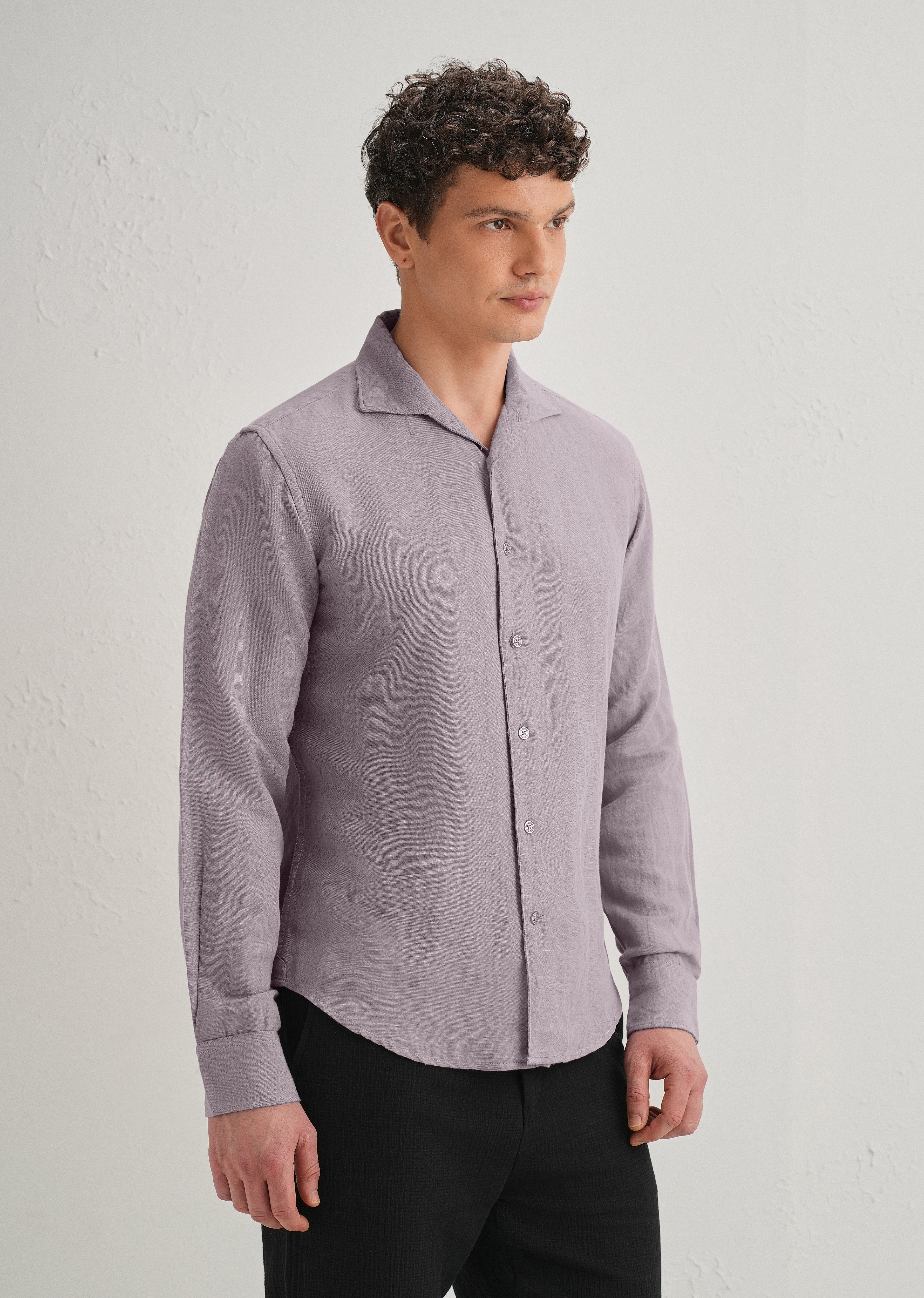 Light Purple Plain Linen Viscose Shirt - Image 5