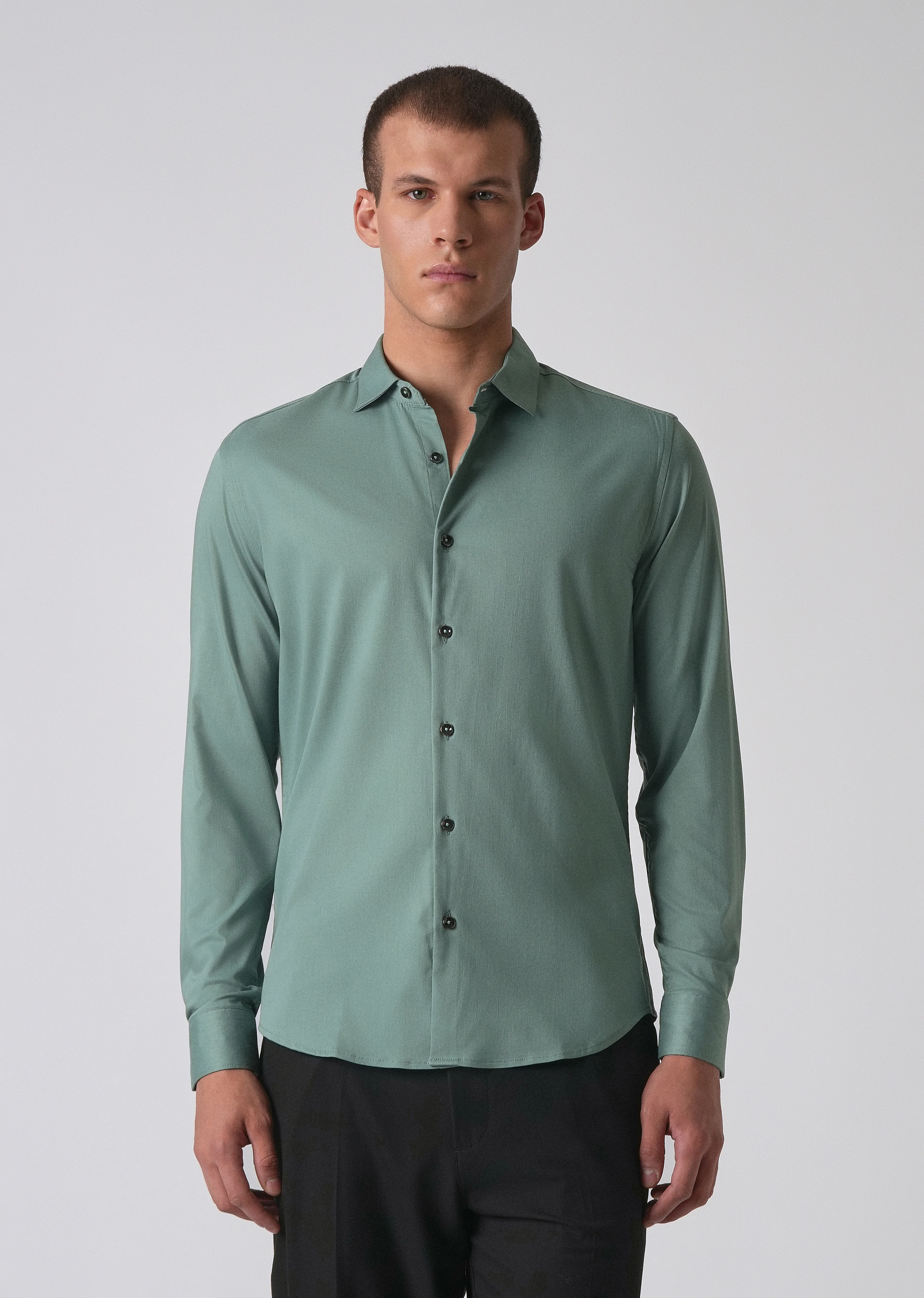 Light Sea Green Cotton Stretch Plain Shirt - Image 3
