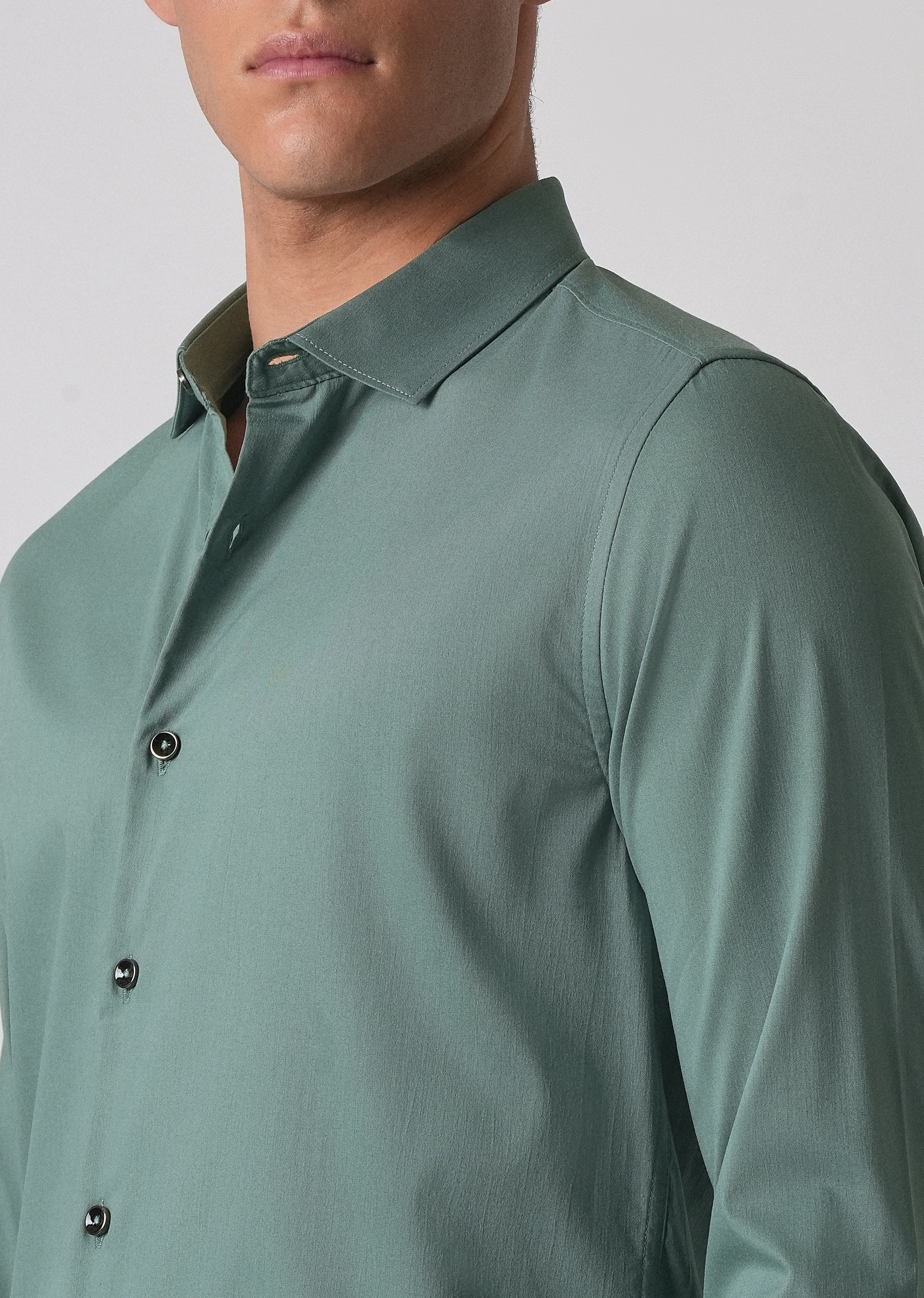 Light Sea Green Cotton Stretch Plain Shirt - Image 5