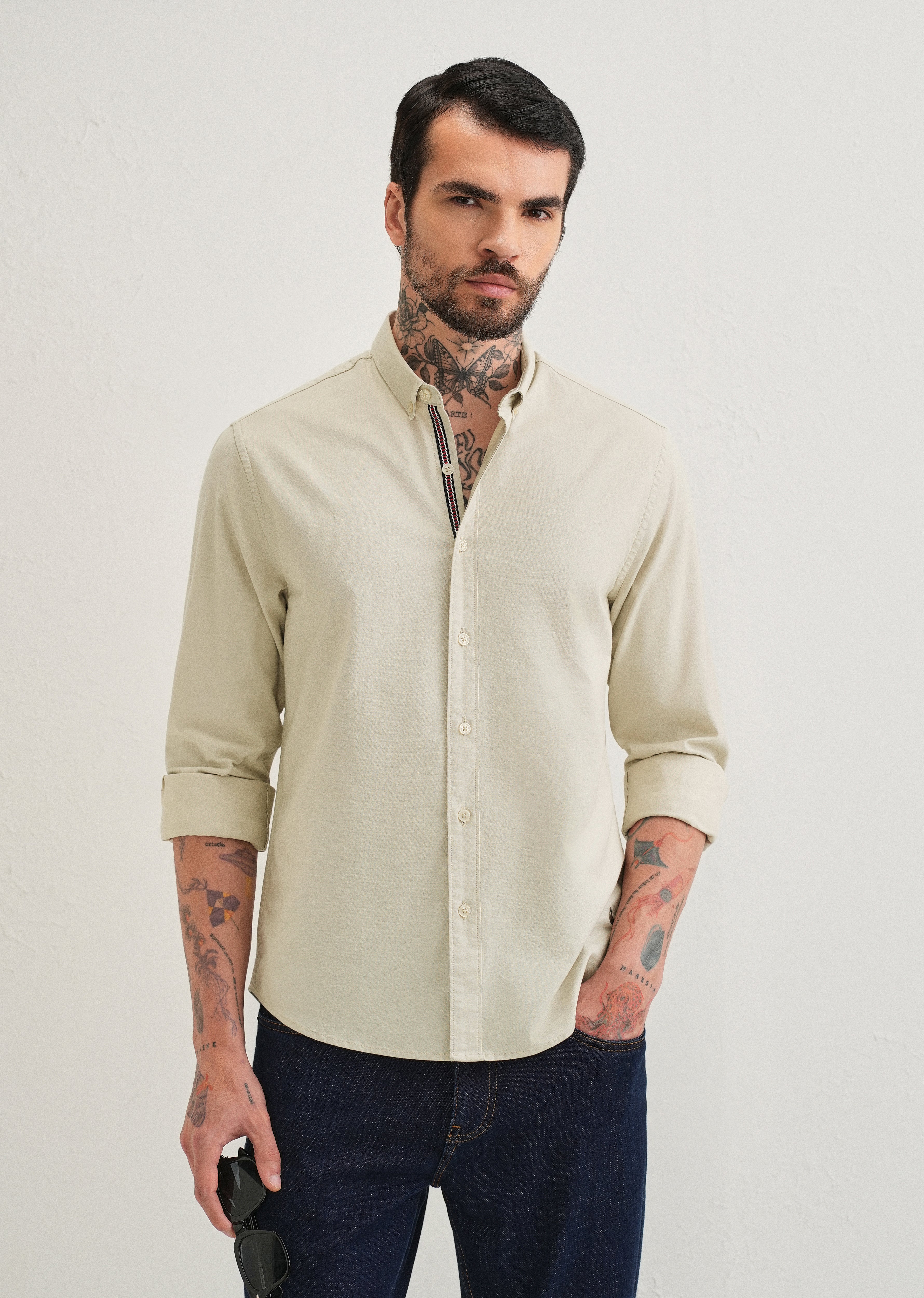 Light Tan Contrast Placket Shirt - Image 8