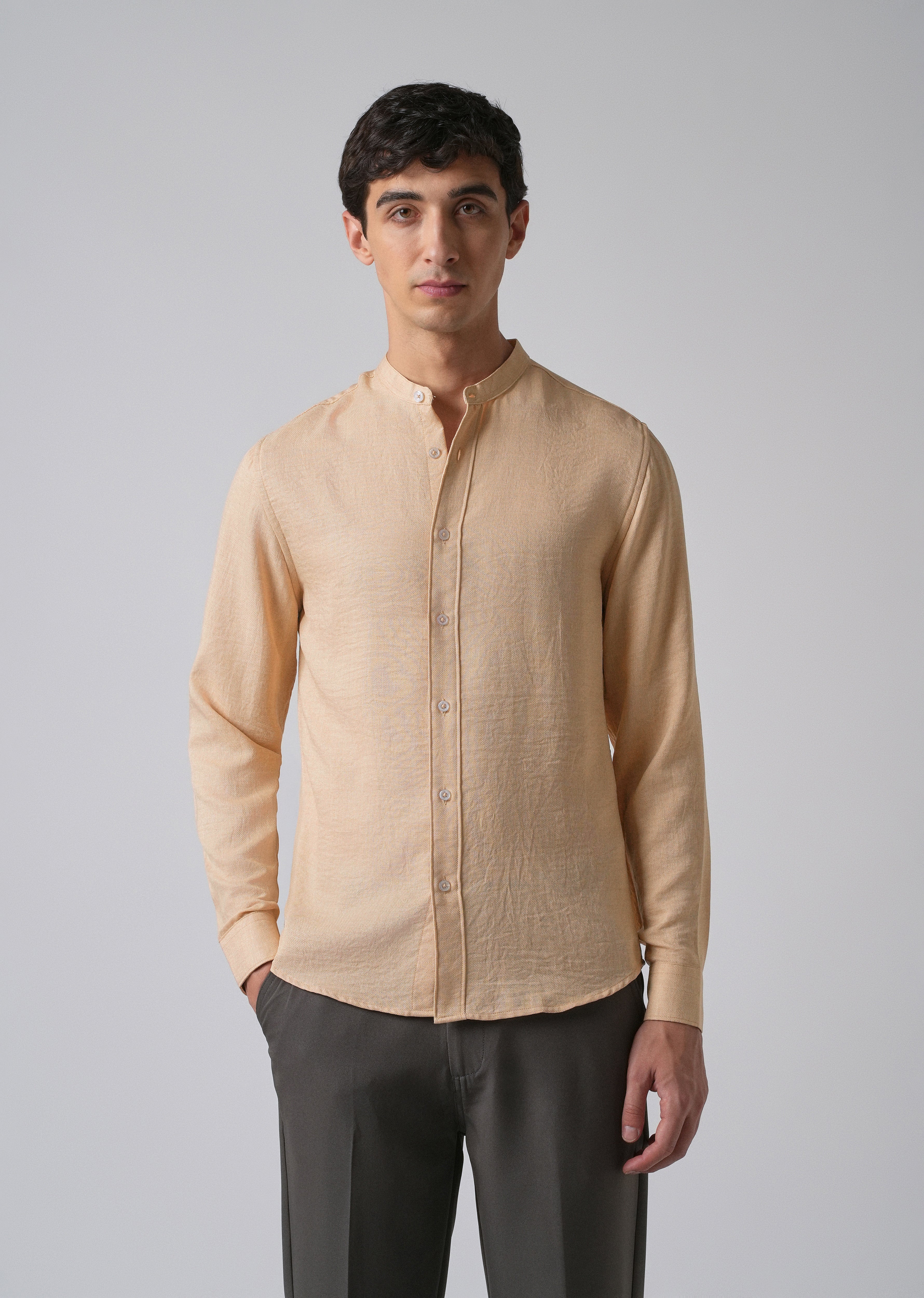 Light Tan Plain Mandarin Collar Shirt - Image 3
