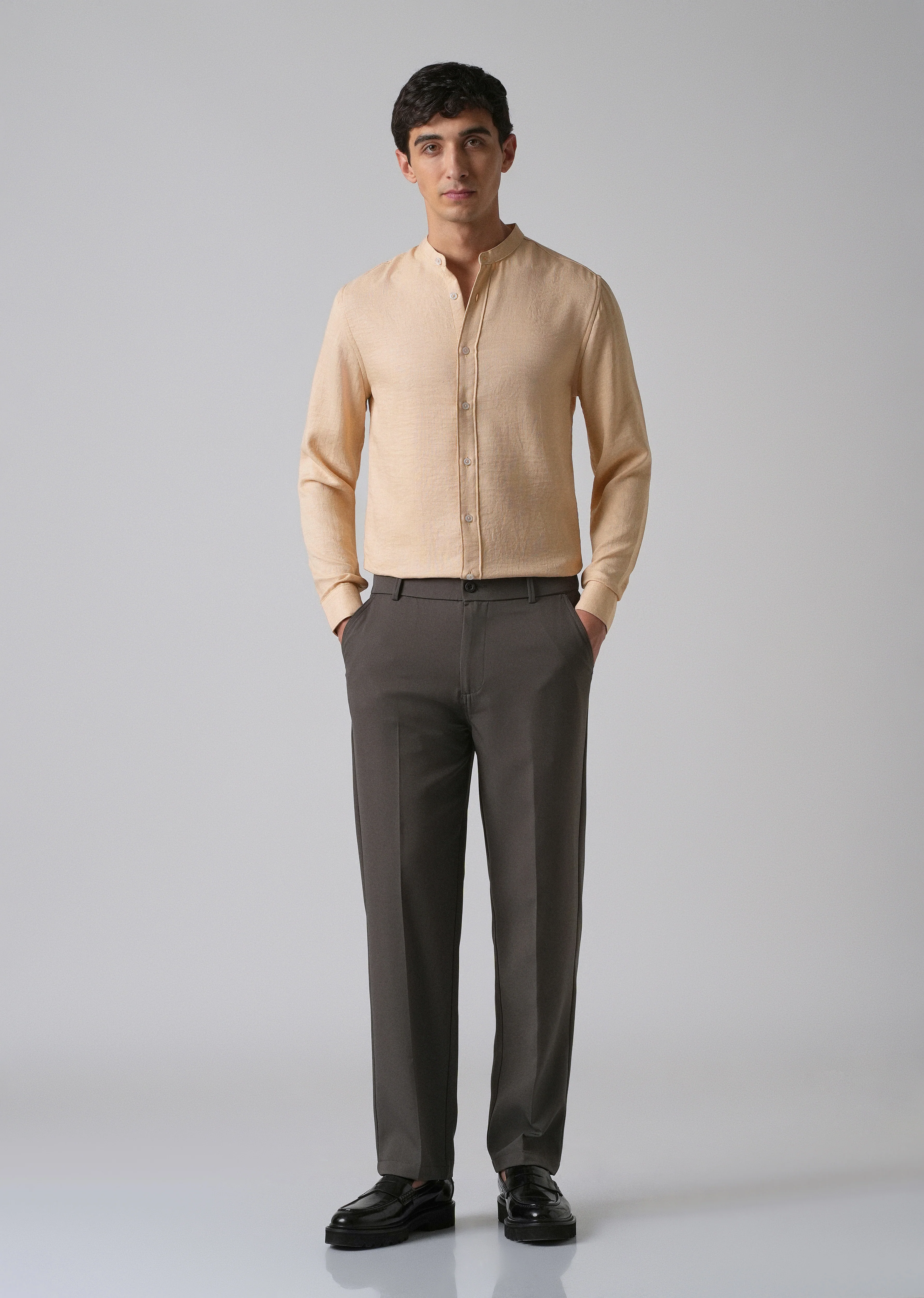 Light Tan Plain Mandarin Collar Shirt - Image 6
