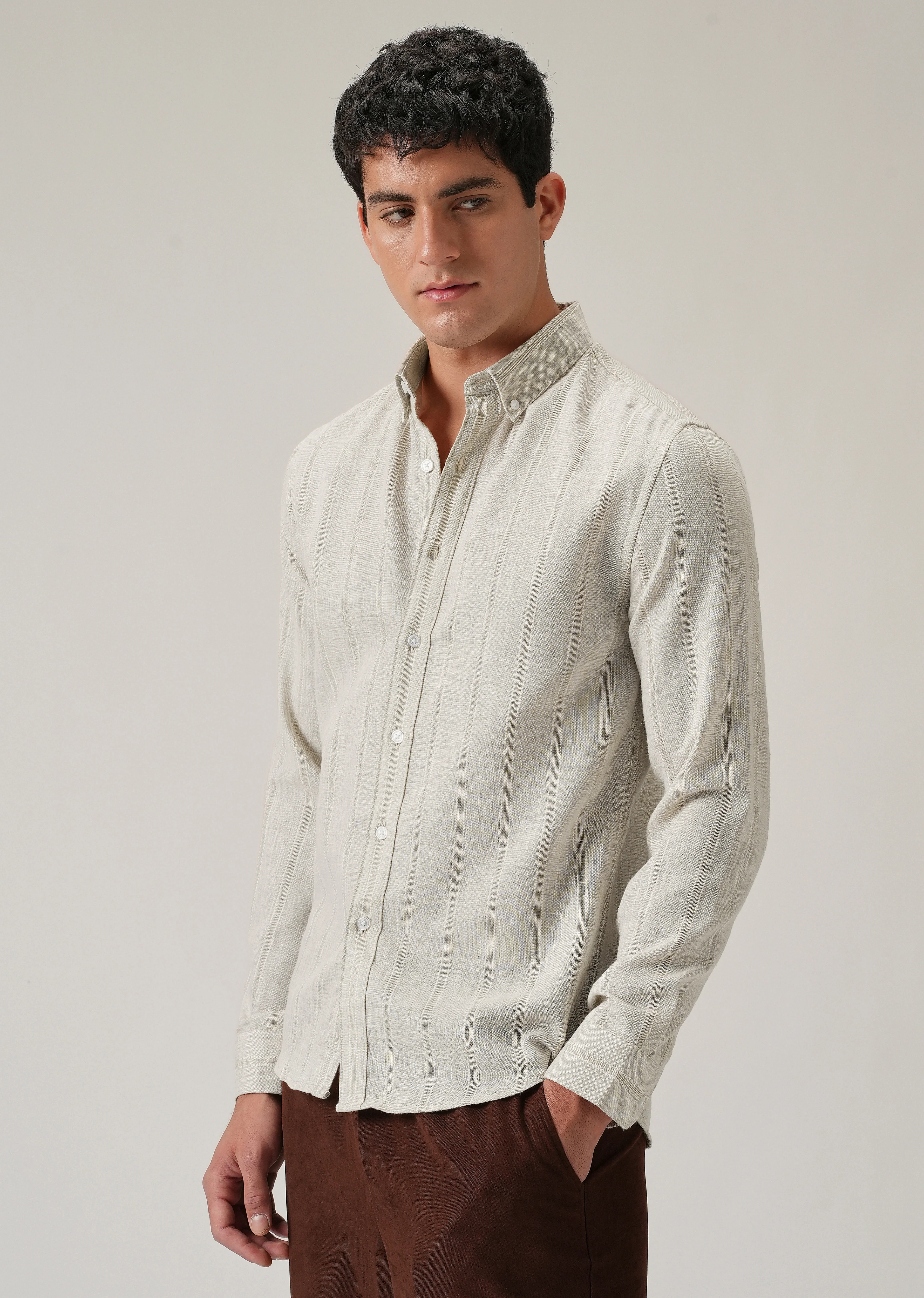 Light Taupe Stripe Blended Linen Shirt - Image 4