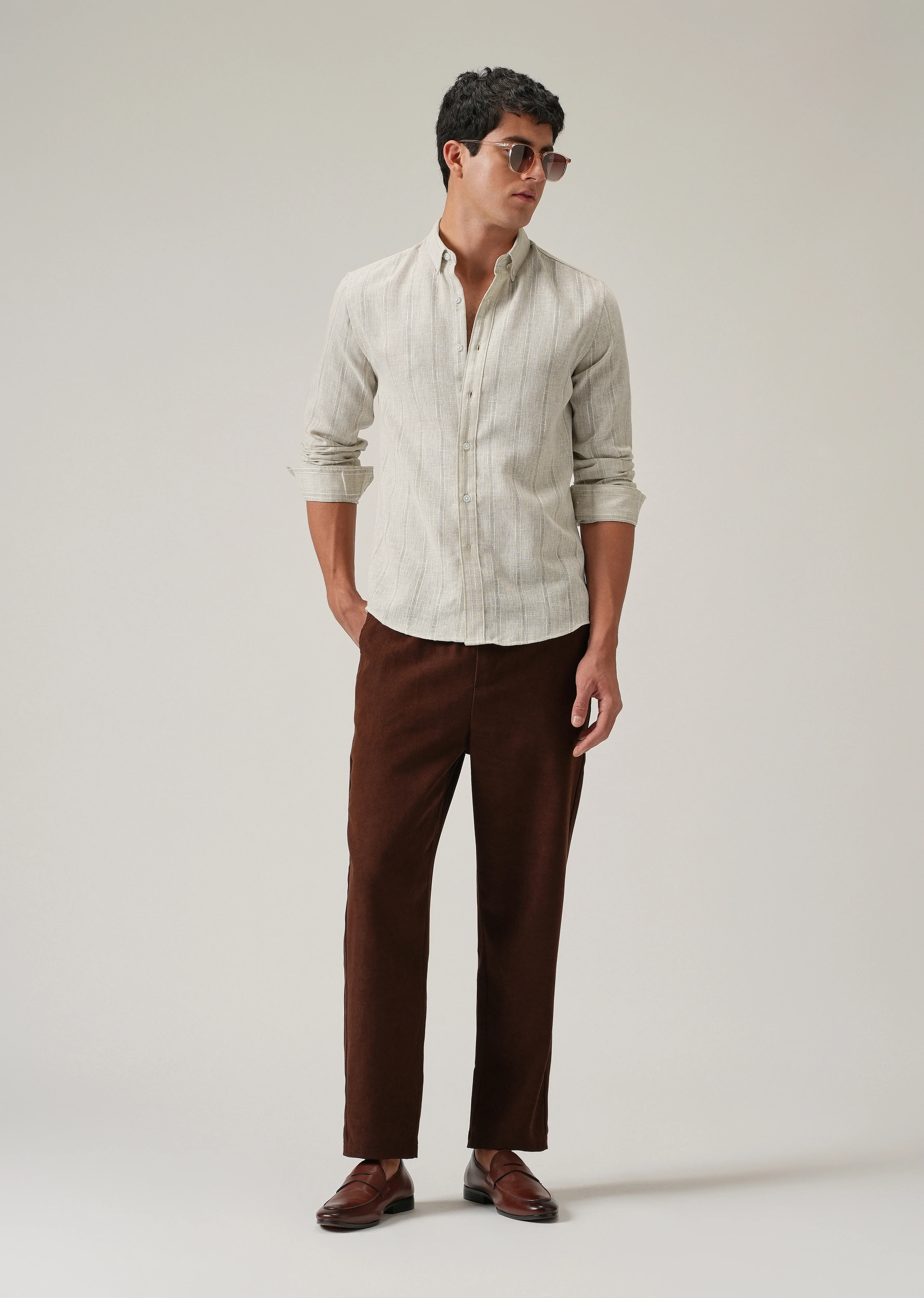 Light Taupe Stripe Blended Linen Shirt - Image 6