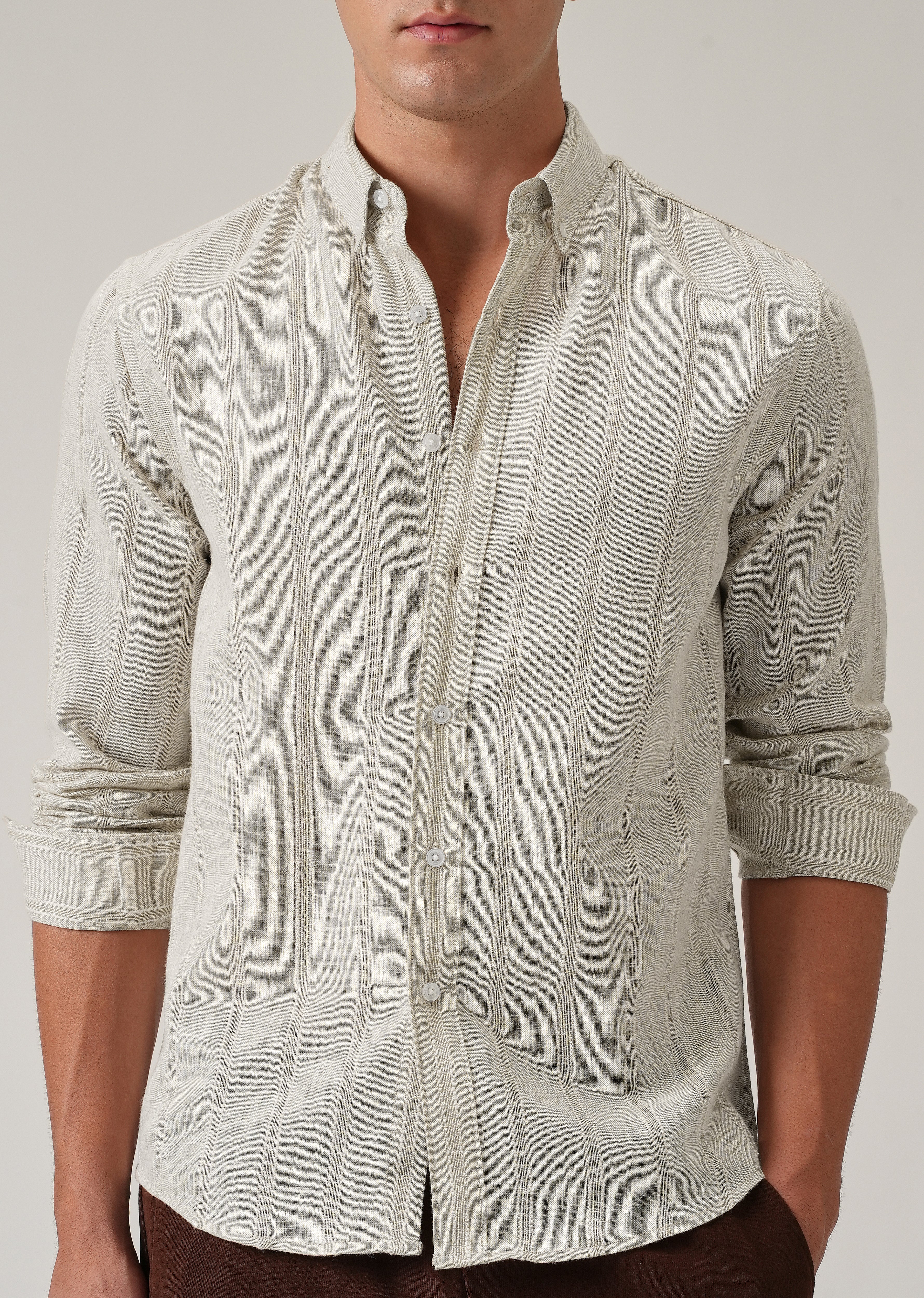 Light Taupe Stripe Blended Linen Shirt - Image 7