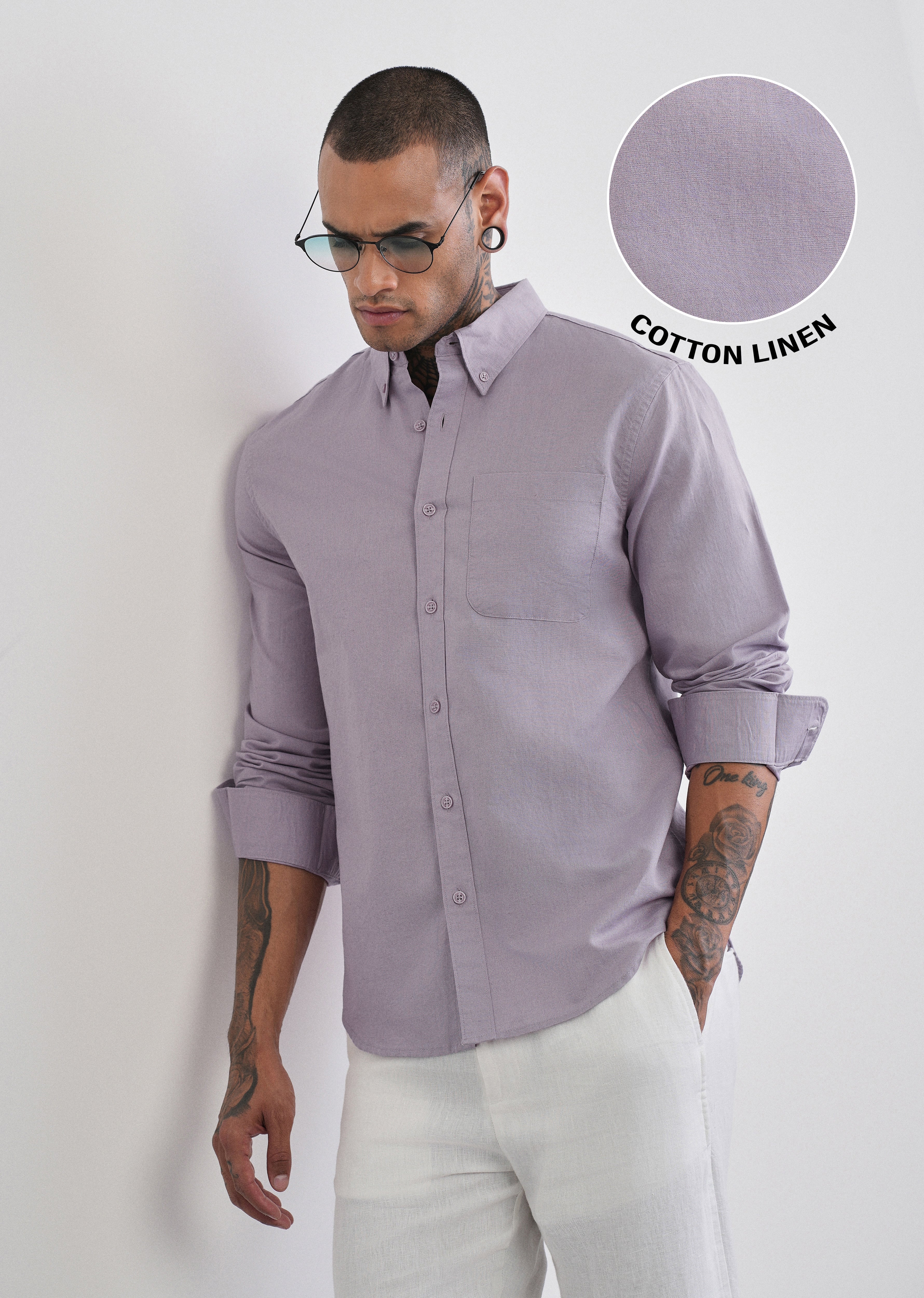 Lilac Cotton Linen Plain Shirt - Image 7